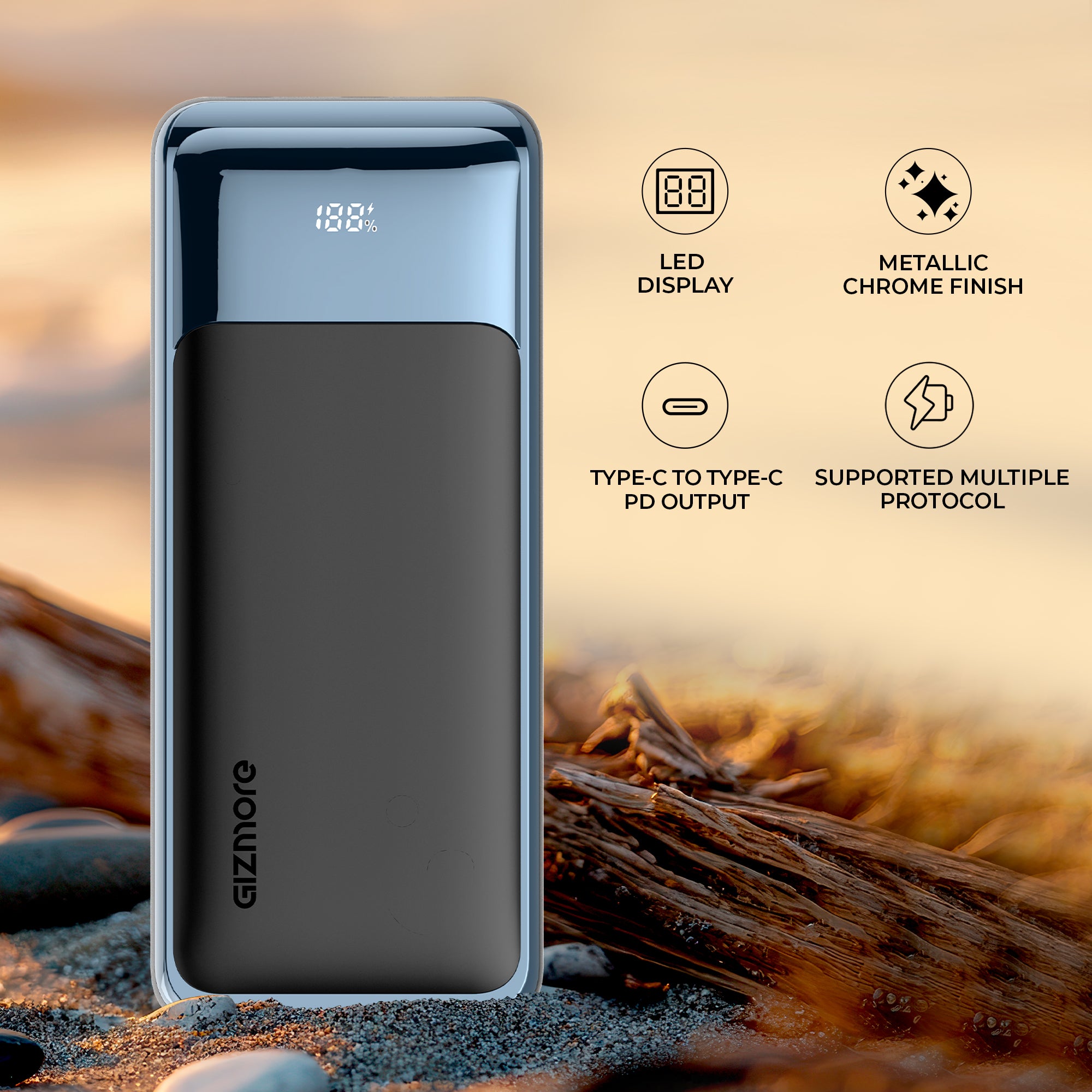 GIZMORE PD65KP Rapid Charge 30000mAh Power Bank – 4 Power Output PORT, 65W PD Type C, 18W USB Fast Charging, supports laptop charging, Premium Build, – Metallic Crome Finish, with digital display, Low Power Consumption.
