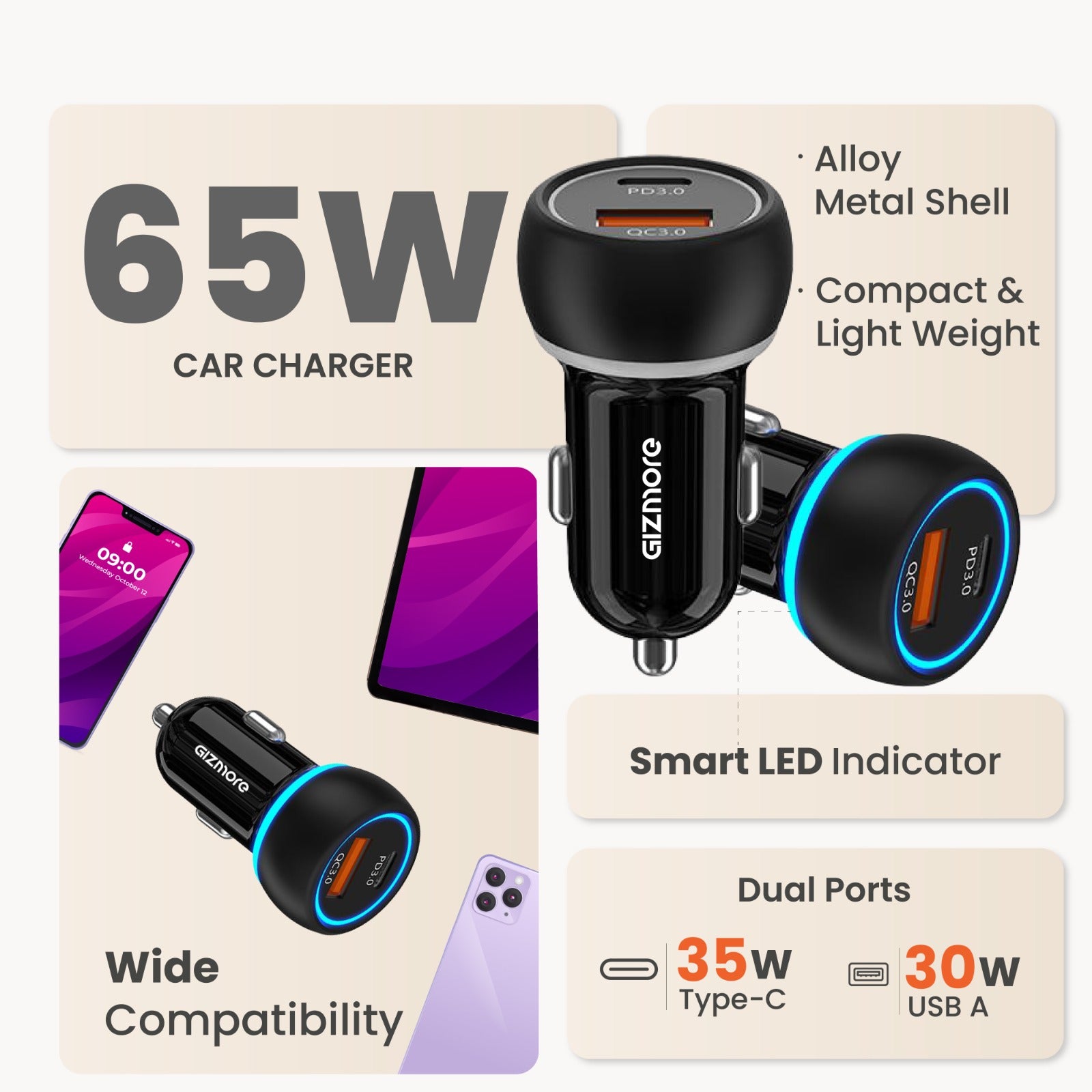 Gizmore CC 706 CarBolt Max 65W Superfast Car Charger (PD 35W + QC 30W) | Multi-Protocol | PPS | Type-C & USB Output | Alloy Metal Body | LED Indicator | SVOOC | Quick Charge