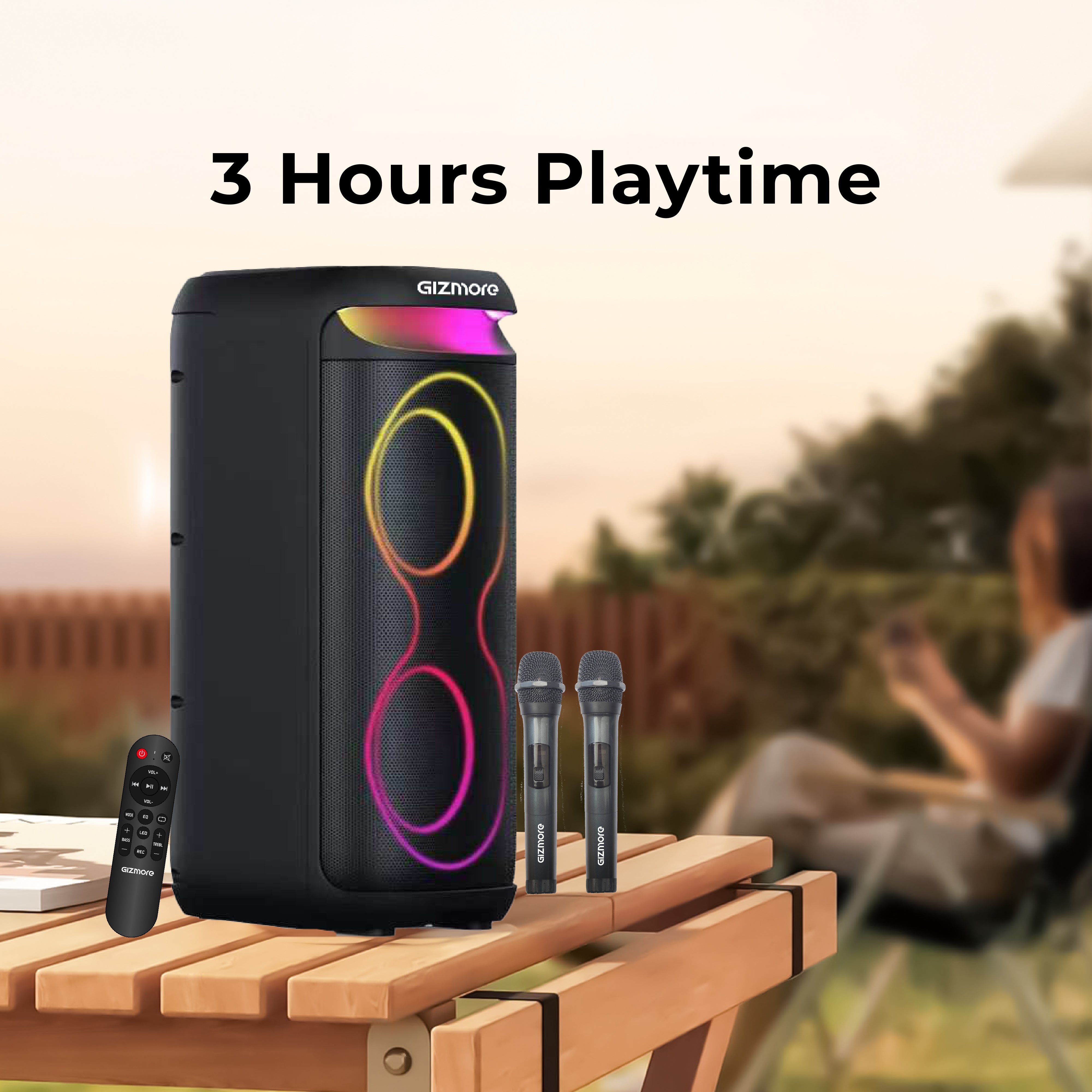 GIZMORE T180 Ultra 180W Bluetooth Party Speaker with Dual Wireless Mic, RGB Lights, 3-Hour Playtime, USB /AUX/TF Card Support, TWS, Remote Control