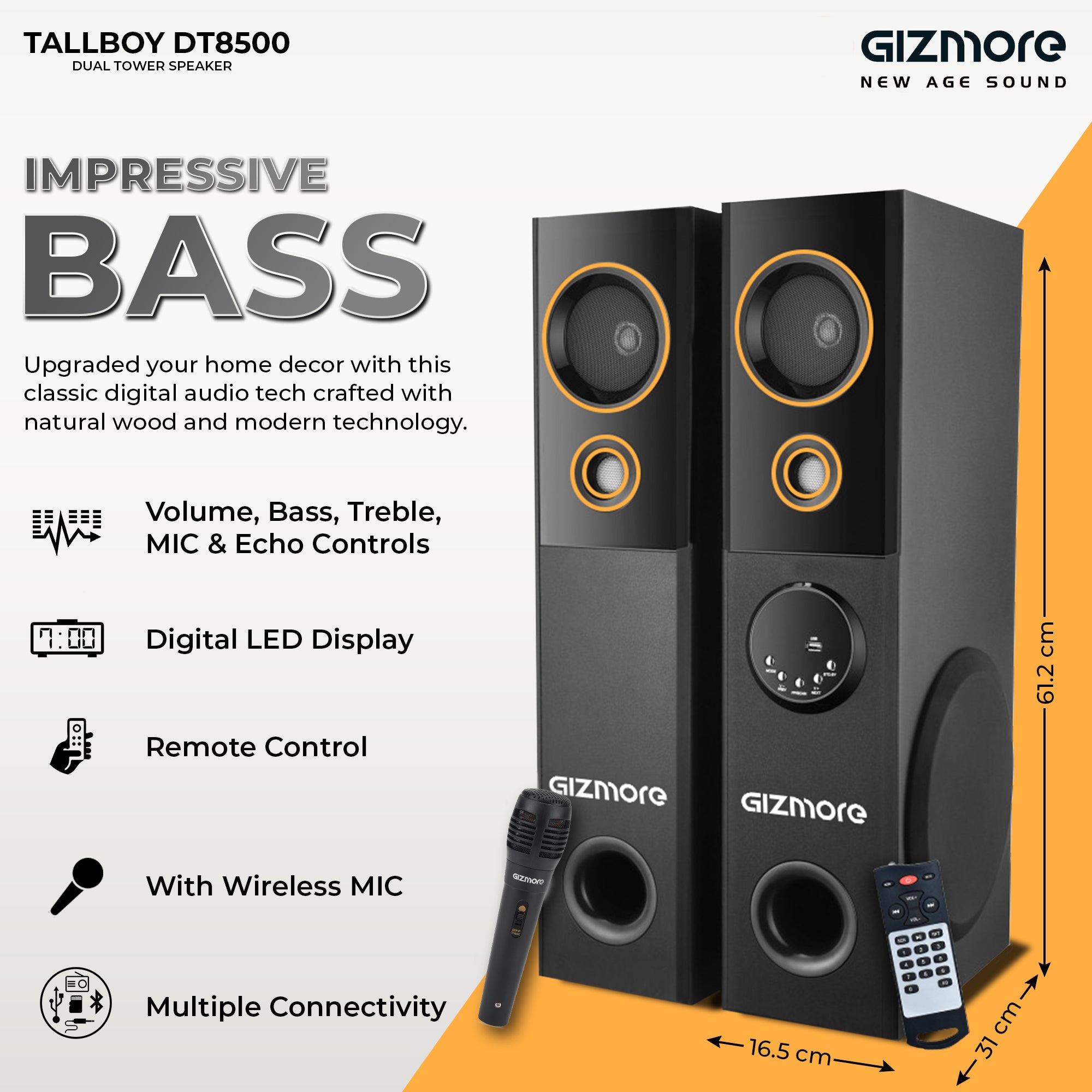 GIZMORE GIZ Tallboy DT8500 80 Watt Wireless Bluetooth Multimedia Dual Tower Speaker | Echo Sound Control |Full Remote Control  | LED Display, USB, FM Party Speaker Home Theater Karaoke Support (Black)