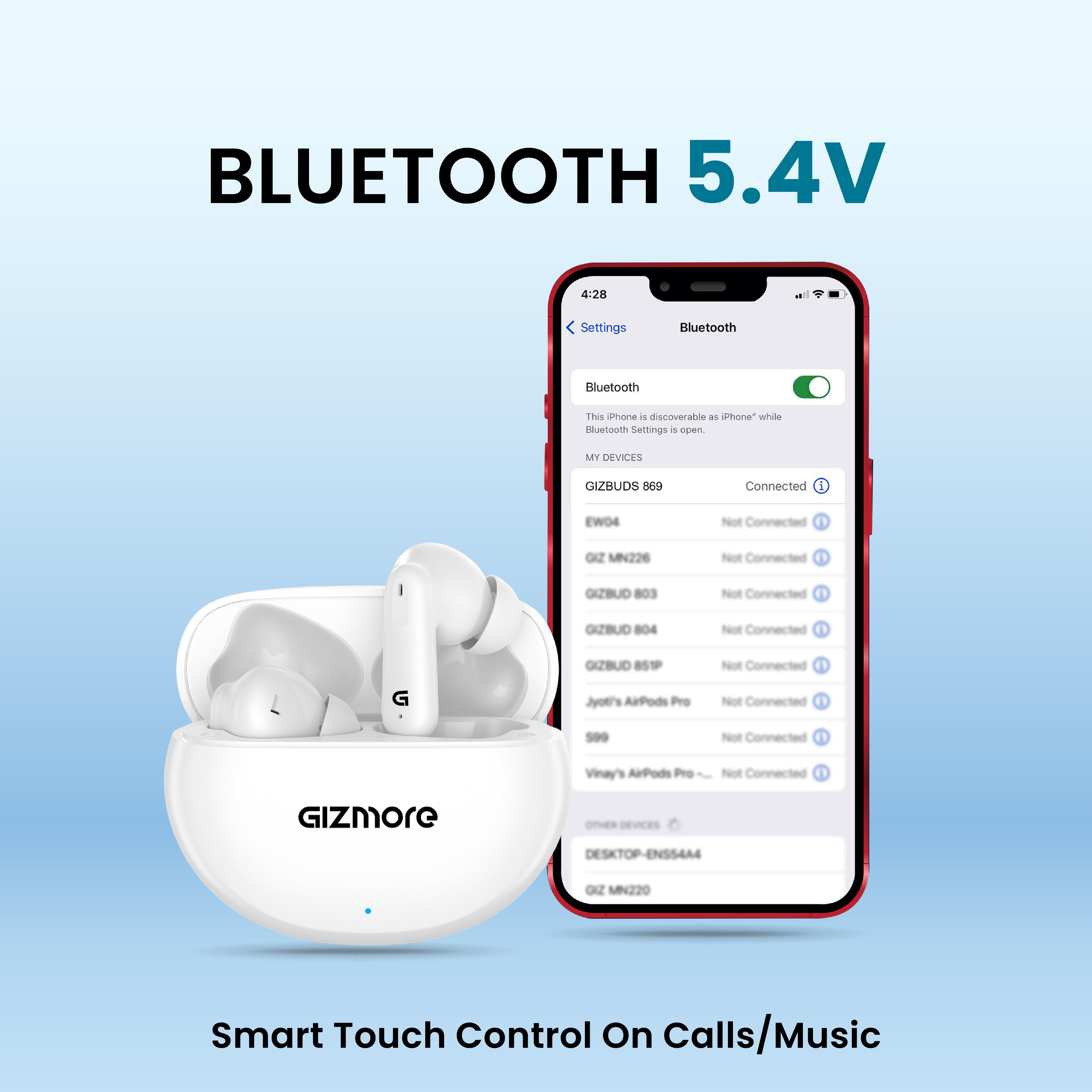GIZBUD 869 OvalPod TWS Earbuds | 25H Playtime | Smart Touch Controls | Voice Assistant Support | IPX4 Water Resistance | Bluetooth 5.3 Wireless Earbuds