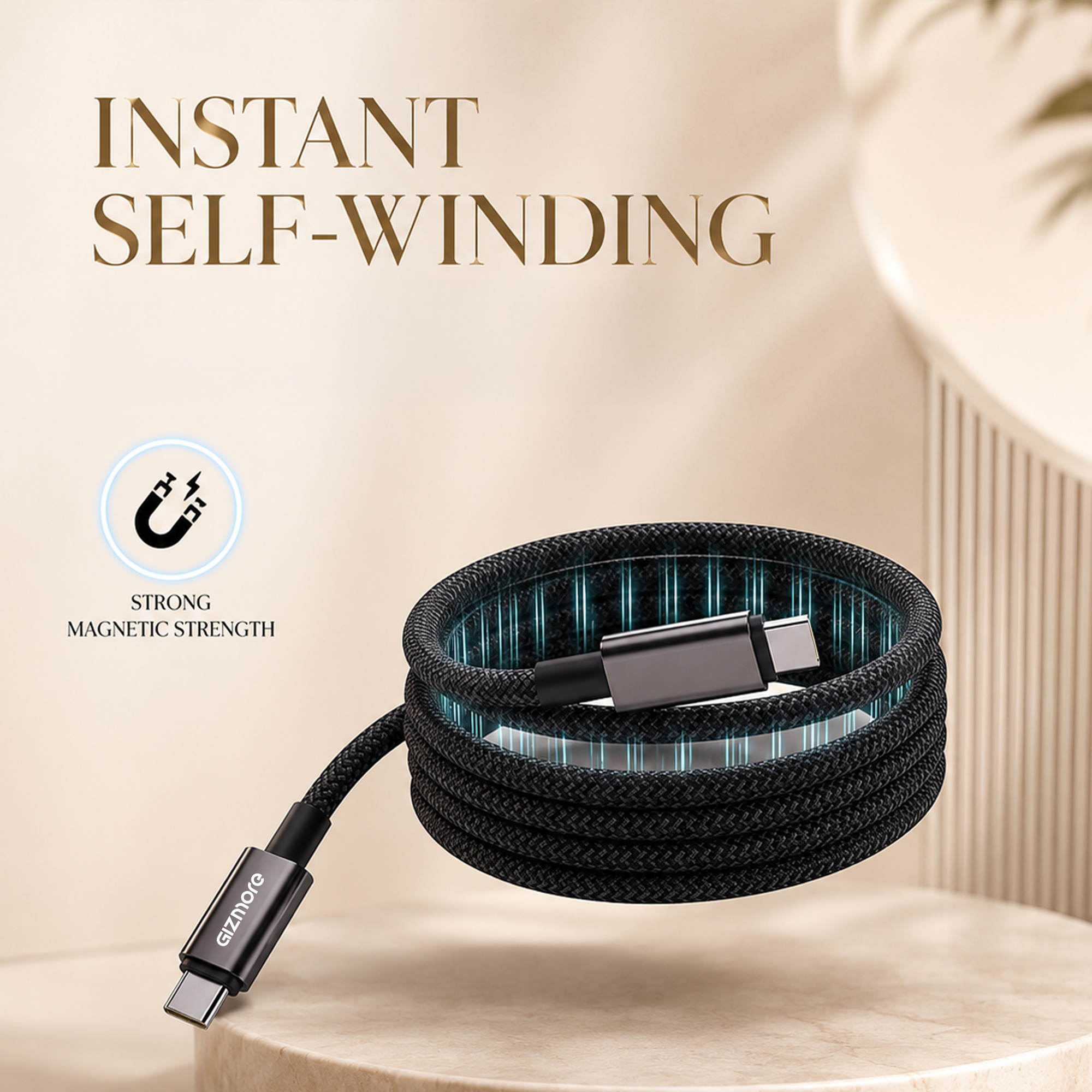 GIZMORE 240W Type-C to Type-C Magnetic Charging Cable | 1M Nylon Spiral Braided | Self-Winding Flat Design | Aluminum Zinc Alloy Connectors | Fast Charging & Data Transfer | Compatible with USB-C Devices