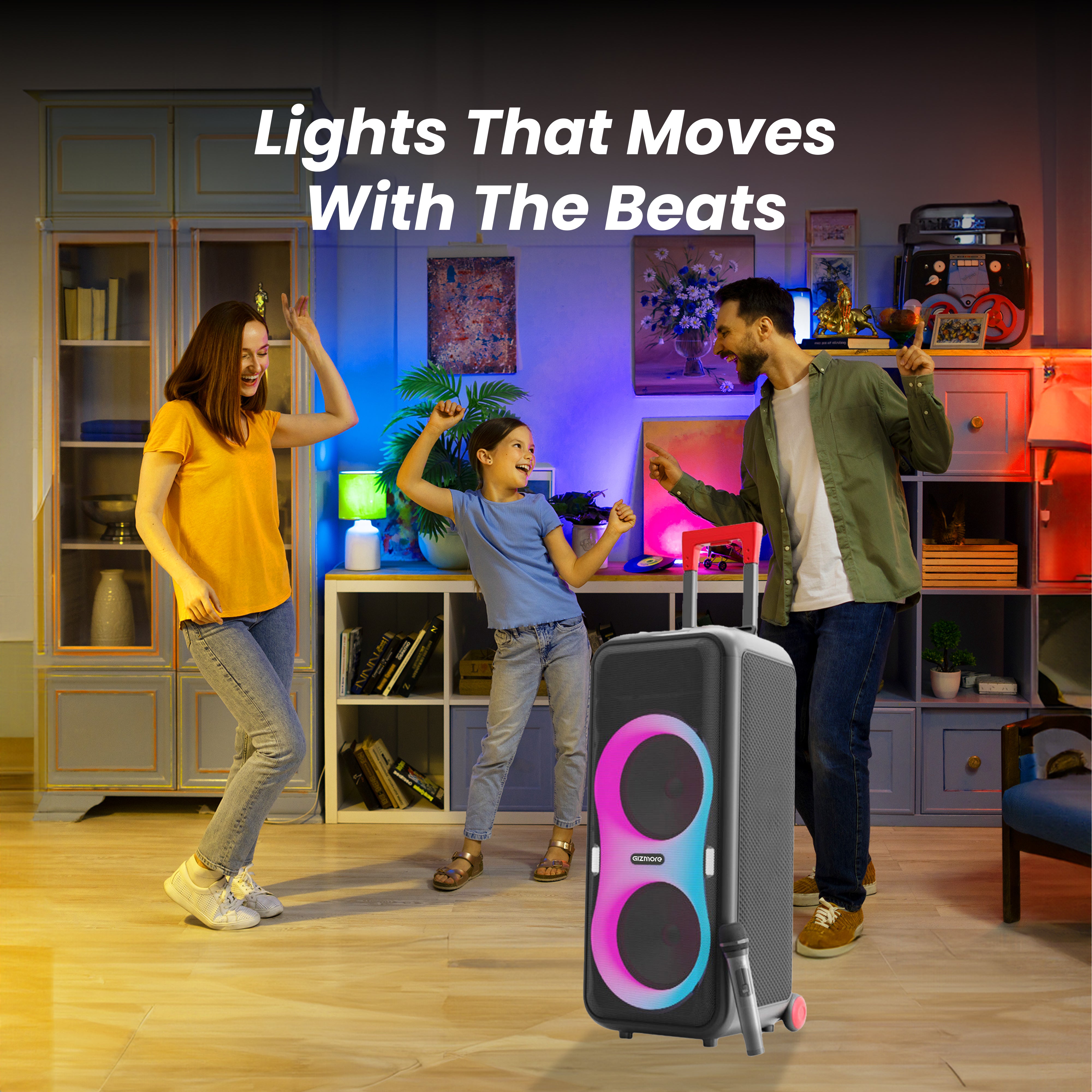Gizmore T220 Pro 220W RMS Thunder DJ Party Speaker | Wireless Mic | RGB Lights | Smart EQ | 3H Playtime | AUX/BT/USB/TF | Wired Mic Support | 8inchx2 big woofer