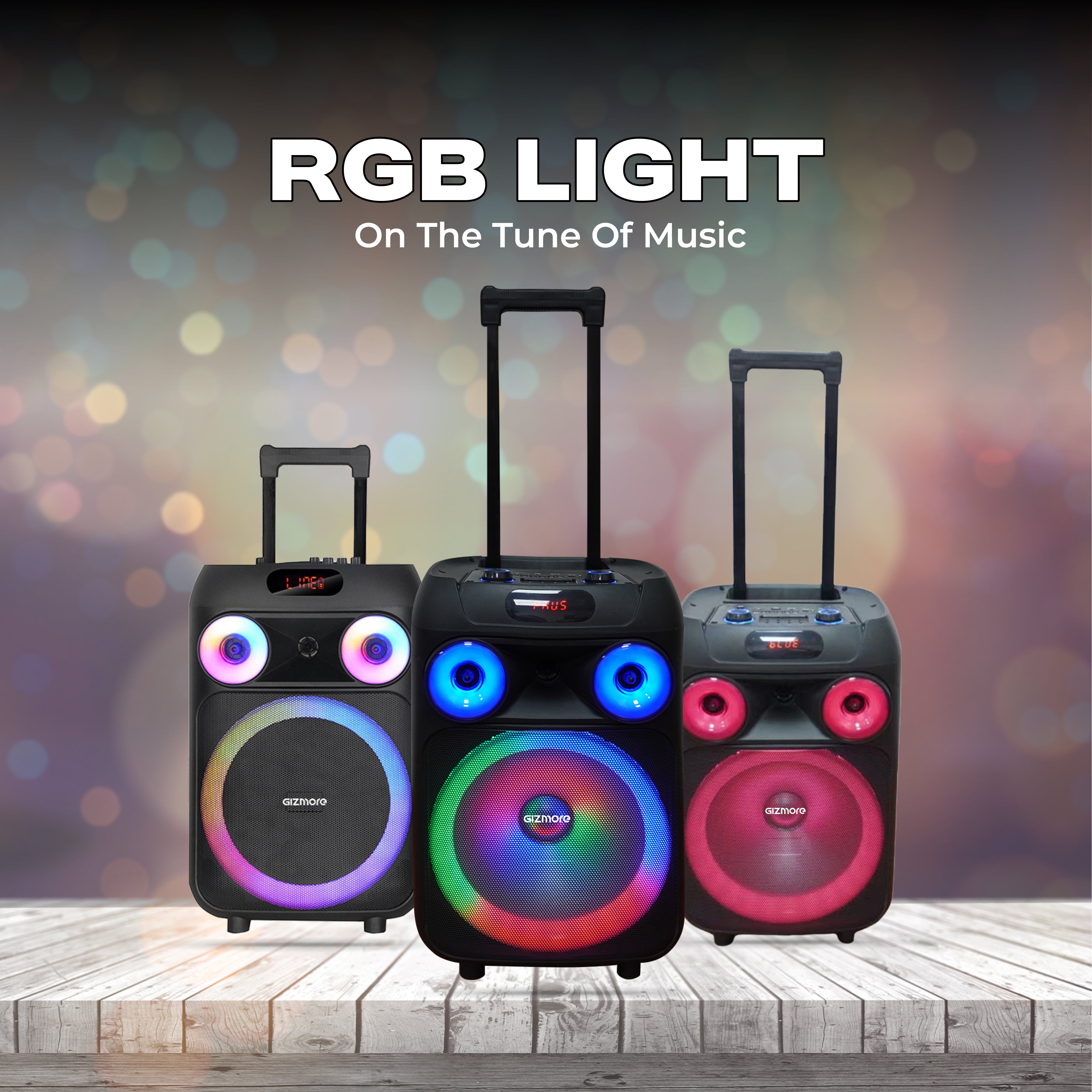 Gizmore T120 WHEELZ 120W RMS Party Speaker | Dual Wireless Mic | 12" Woofer | RGB Lights | Smart EQ | 3H Playtime | AUX/BT/USB/TF | Multi-Control Modes