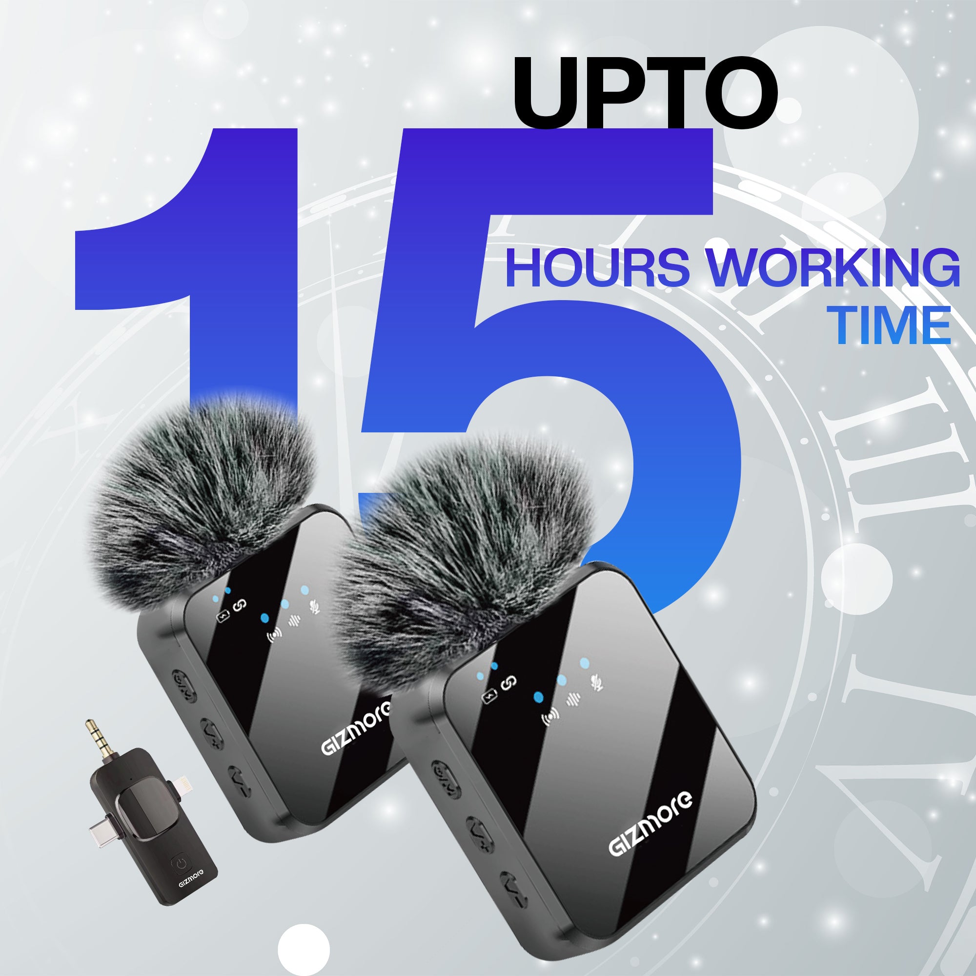 Gizmore Dual wireless mic with noise cancellation – Plug & Play, 30m Range, HD Sound Quality, Rechargeable Battery (Up to 15 Hours), Omnidirectional Pickup, Type-C Port/Lightning/3.5mm Jack, – Perfect for Live Shows, Interviews, Vlogs, & Short Videos