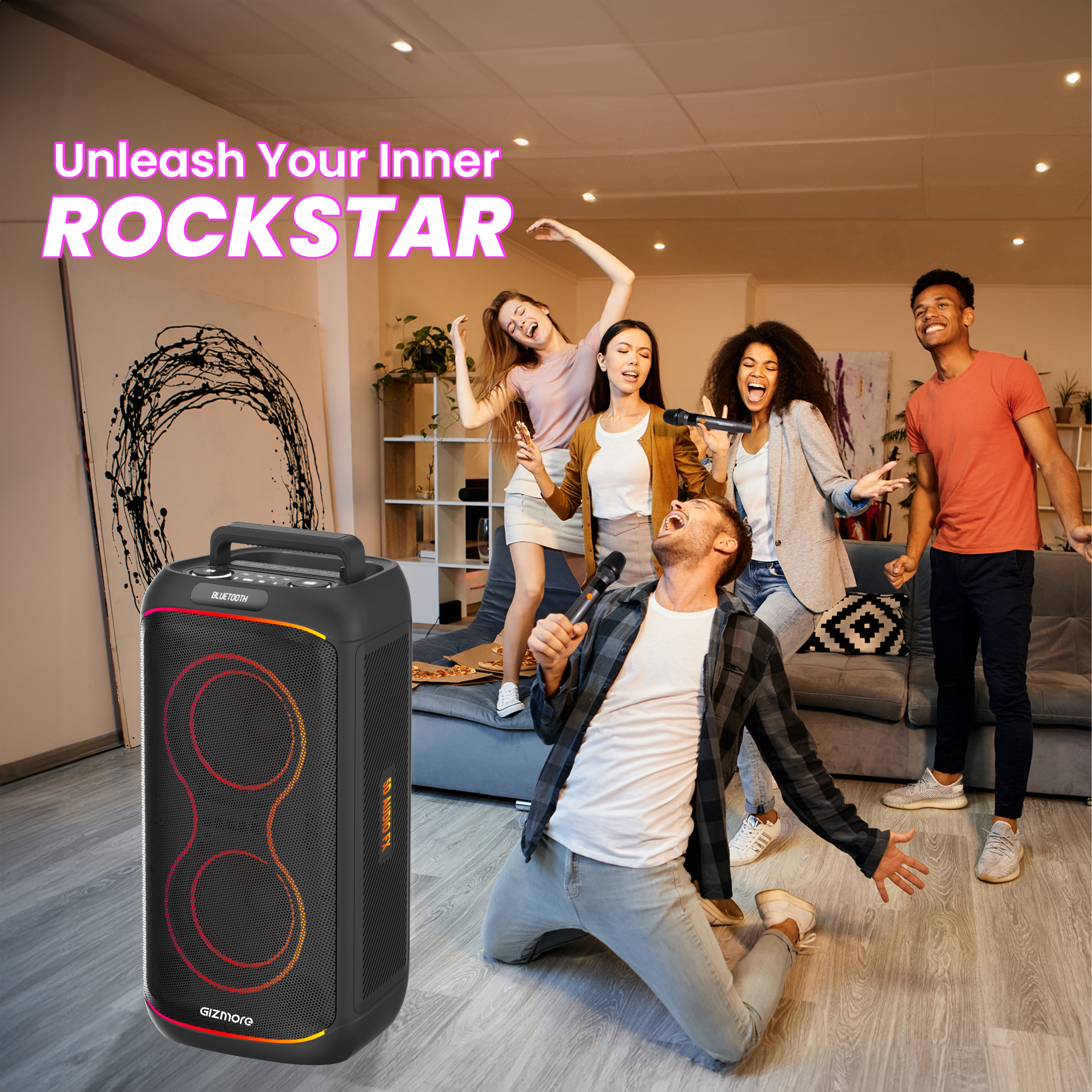 GIZMORE T320 CLUB 320W Thunder DJ Party Speaker with Dual Wireless Mic, RGB Lights, Type-C Charging, TWS Connectivity, Portable Bluetooth Speaker (White/Black)