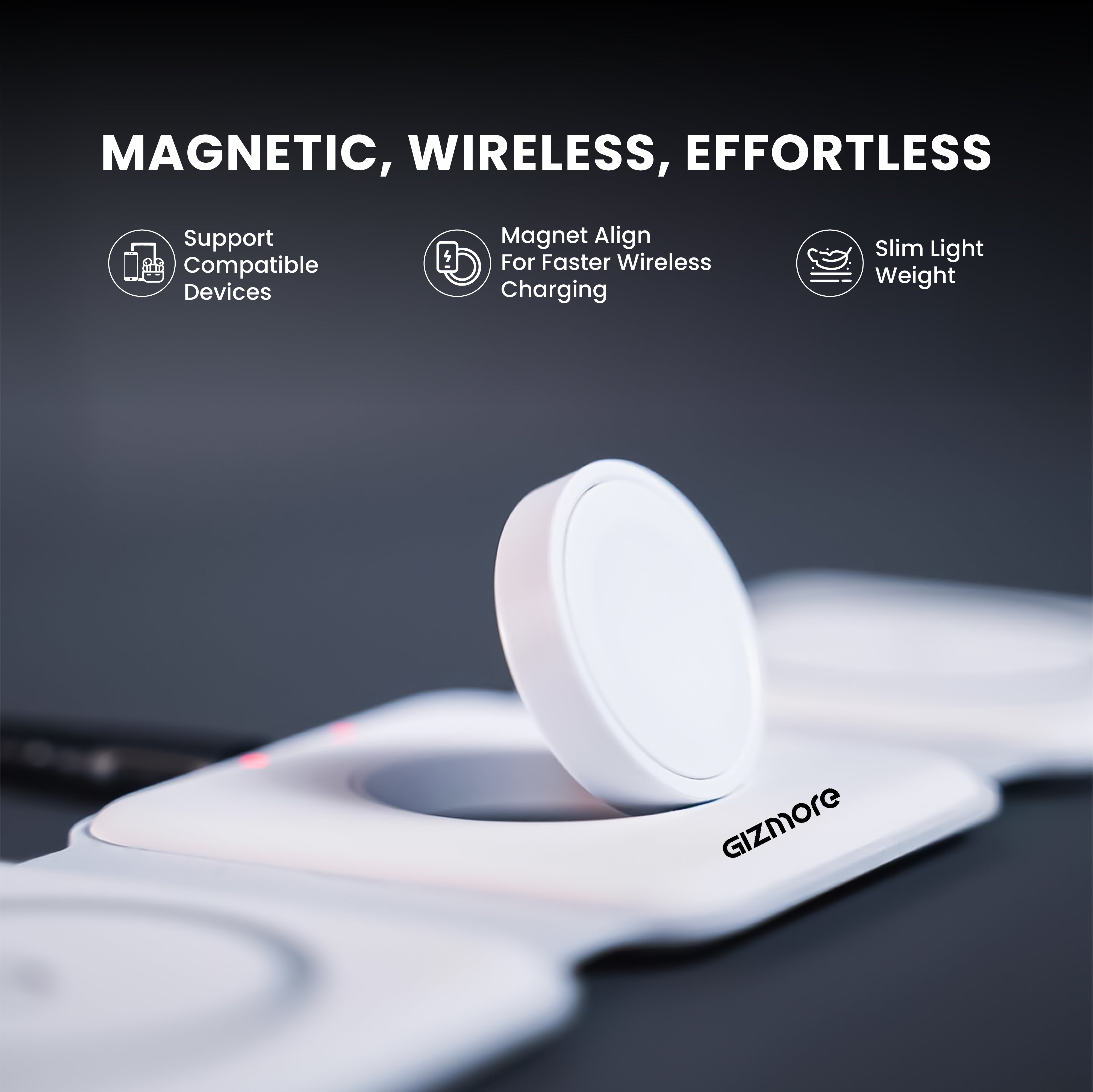 GIZMORE 3-in-1 Magnetic Wireless Charger, 15W Fast Charging Dock for iPhone, 2.5W for Apple Watch, 5W for AirPods, Magnetic Alignment, Slim & Lightweight Wireless Charging hub