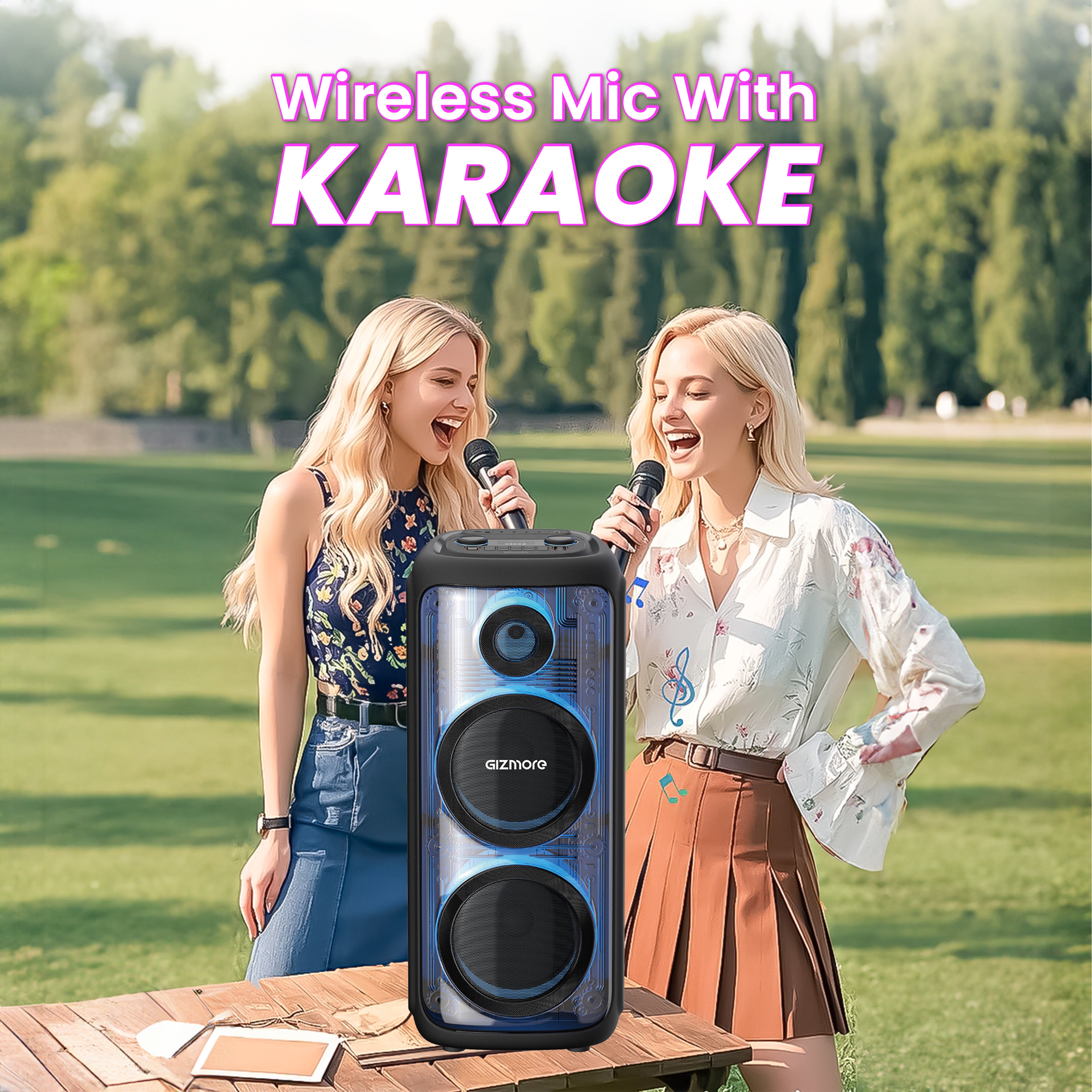 GIZMORE T440 MEGATRON 440W RMS Party Speaker with Dual Wireless Mics, RGB Spectrum Lights, Visible Acoustics, 8 Hours Playtime, TWS Function, Bluetooth/USB/AUX Connectivity
