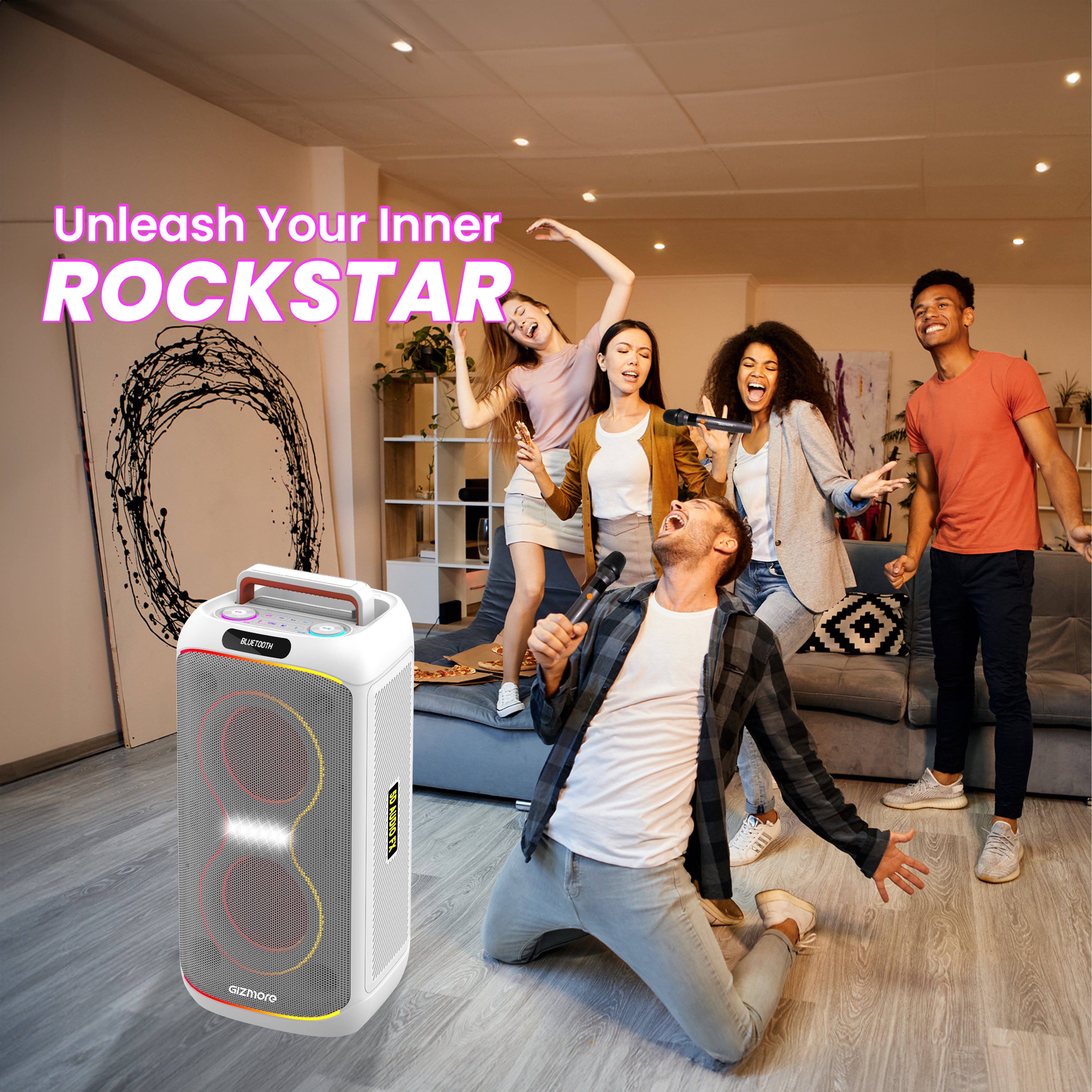 GIZMORE T200 CLUB 200W Thunder DJ Party Speaker with Dual Wireless Mic, RGB Lights, AC Charging, TWS Connectivity, Portable Bluetooth Speaker (White/Black)