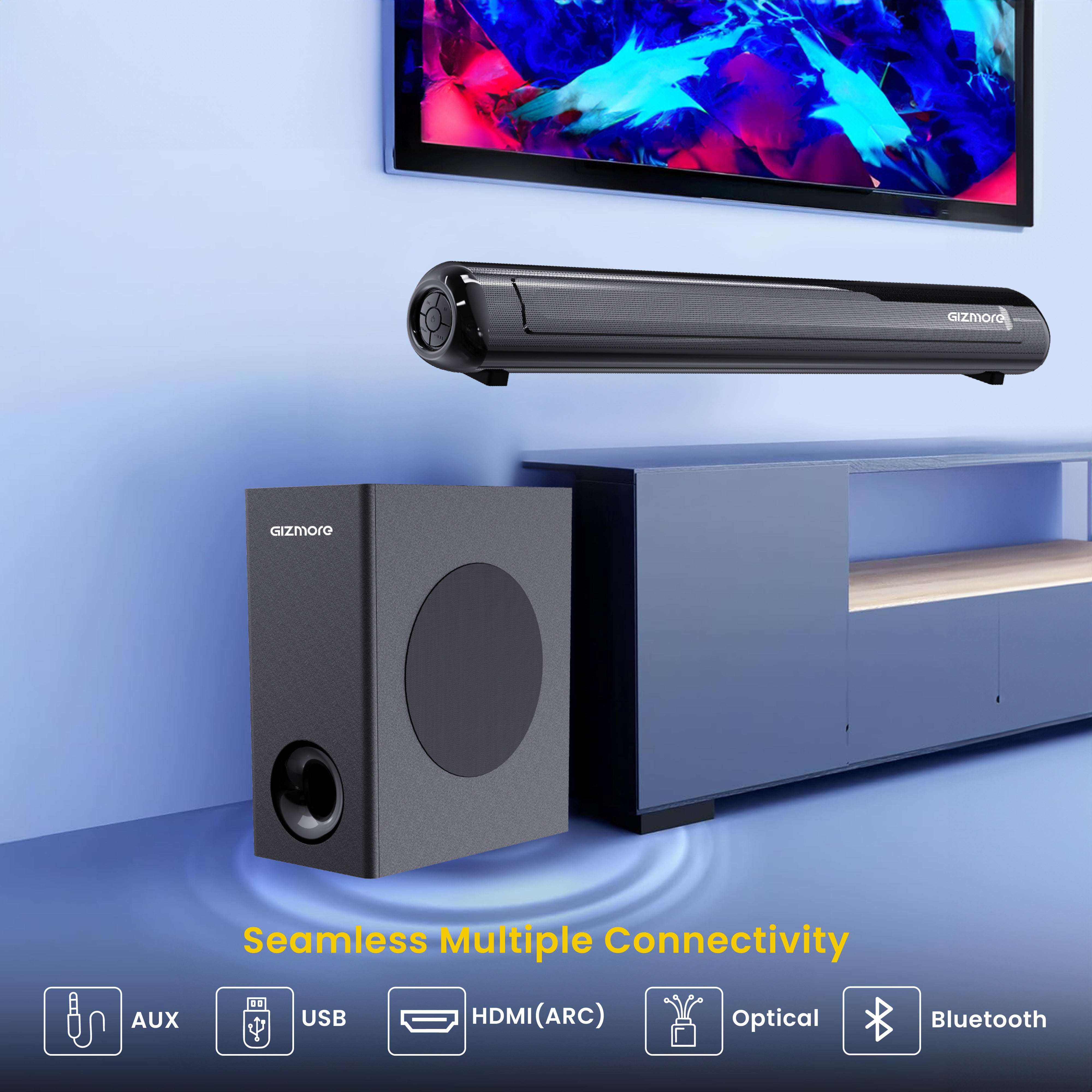 GIZBAR 100 – 2.1 Channel Soundbar with 100W Powerful Output | Multiple connectivity- HDMI ARC, AUX, USB, Optical | Remote Control | Multiple EQ Modes (Music, Movies, News, 3D) |Theater experience at home.