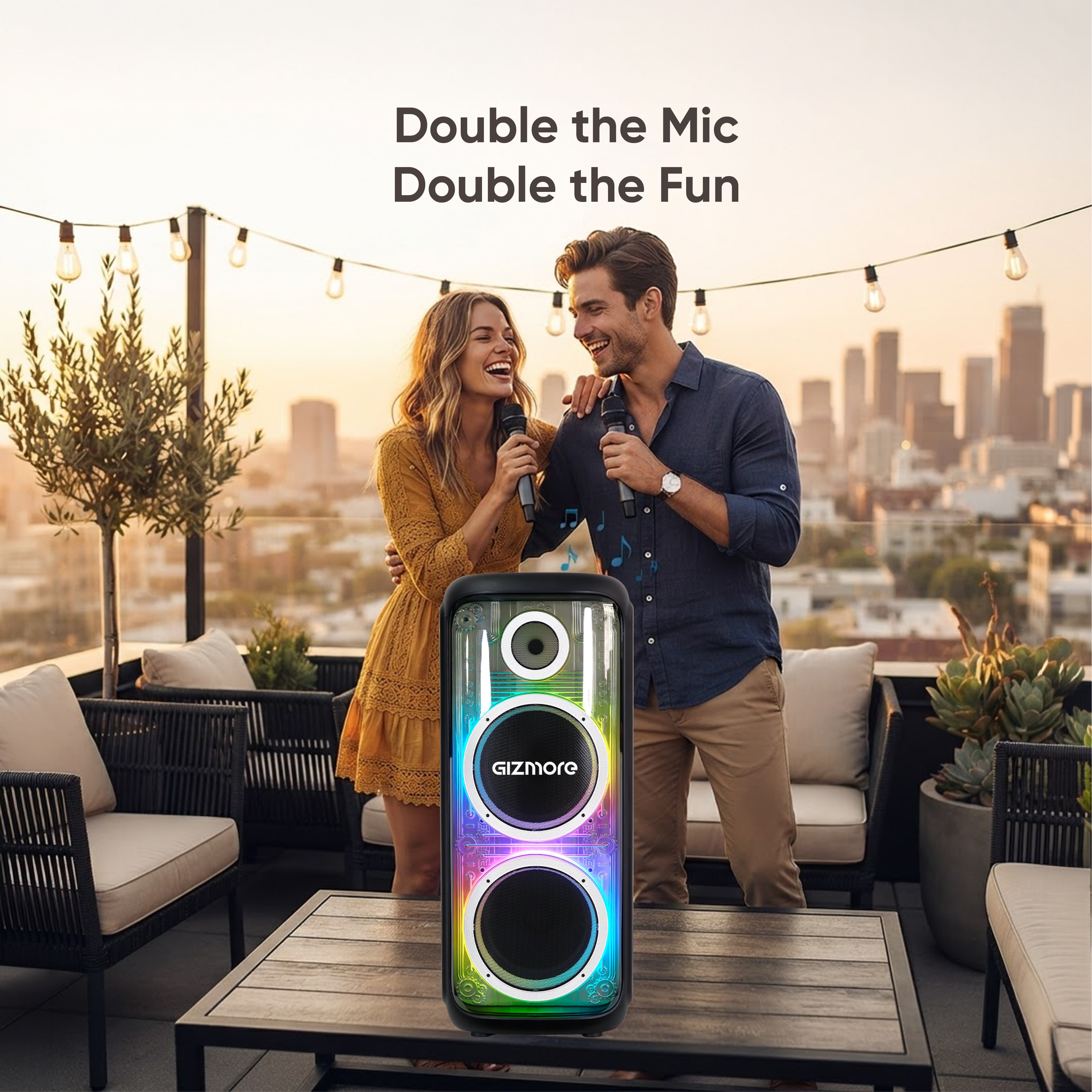 GIZMORE T400 MEGATRON 480W RMS Party Speaker with Dual Wireless Mics, RGB Spectrum Lights, Visible Acoustics, 8 Hours Playtime, TWS Function, Bluetooth/USB/AUX Connectivity