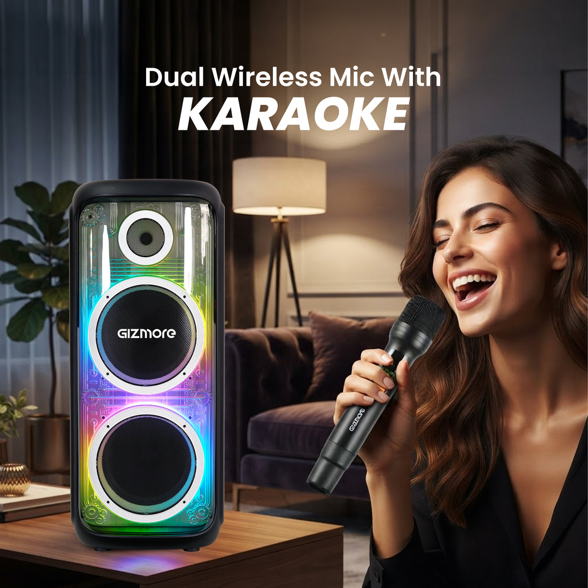 GIZMORE T220 MEGATRON 280W RMS Party Speaker with Dual Wireless Microphones, RGB Spectrum Lights, Visible Acoustic Design, Up to 5 Hours Playtime, TWS, Bluetooth, USB & AUX Connectivity