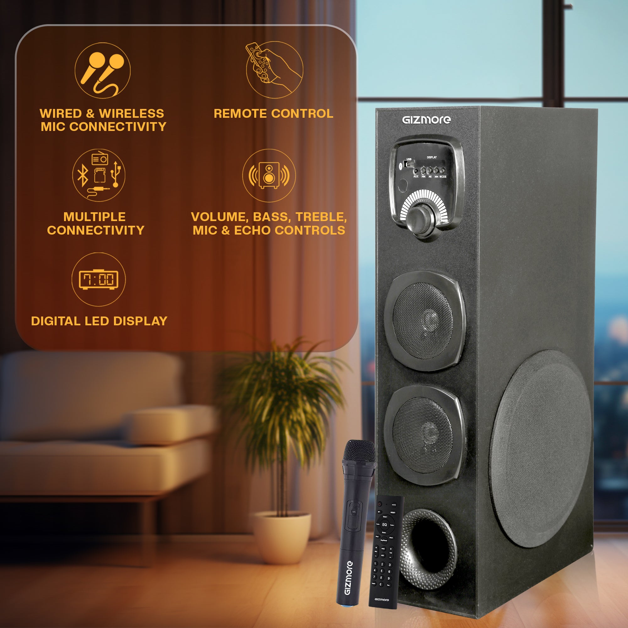 GIZMORE TALLBOY ST8000 80W Bluetooth Tower Speaker With UHF Wireless MIC & Wooden Cabinet, Big Subwoofer, Remote Controlled Display, RGB Glower Light -Support FM, Karaoke, AUX, USB