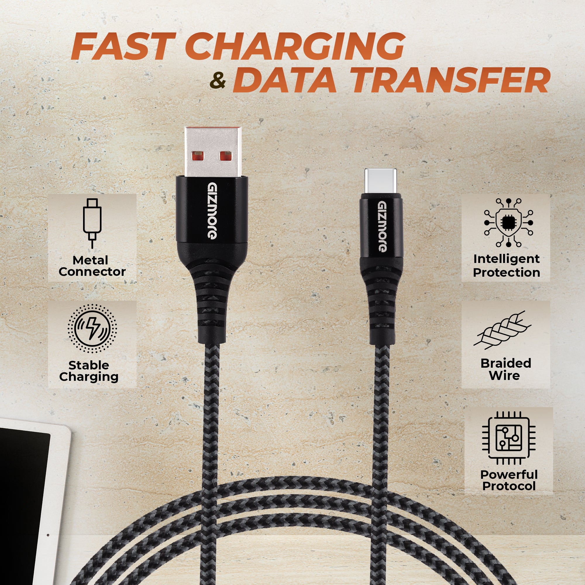 GIZMORE WDC120 USB to Type-C dash Ultra Fast Charging Cable – 1.2 Meter, 120W Output, Tangle-Free Braided Wire, 30000+ Bend Lifespan, Intelligent Protection, Stable Charging, Universal Compatibility