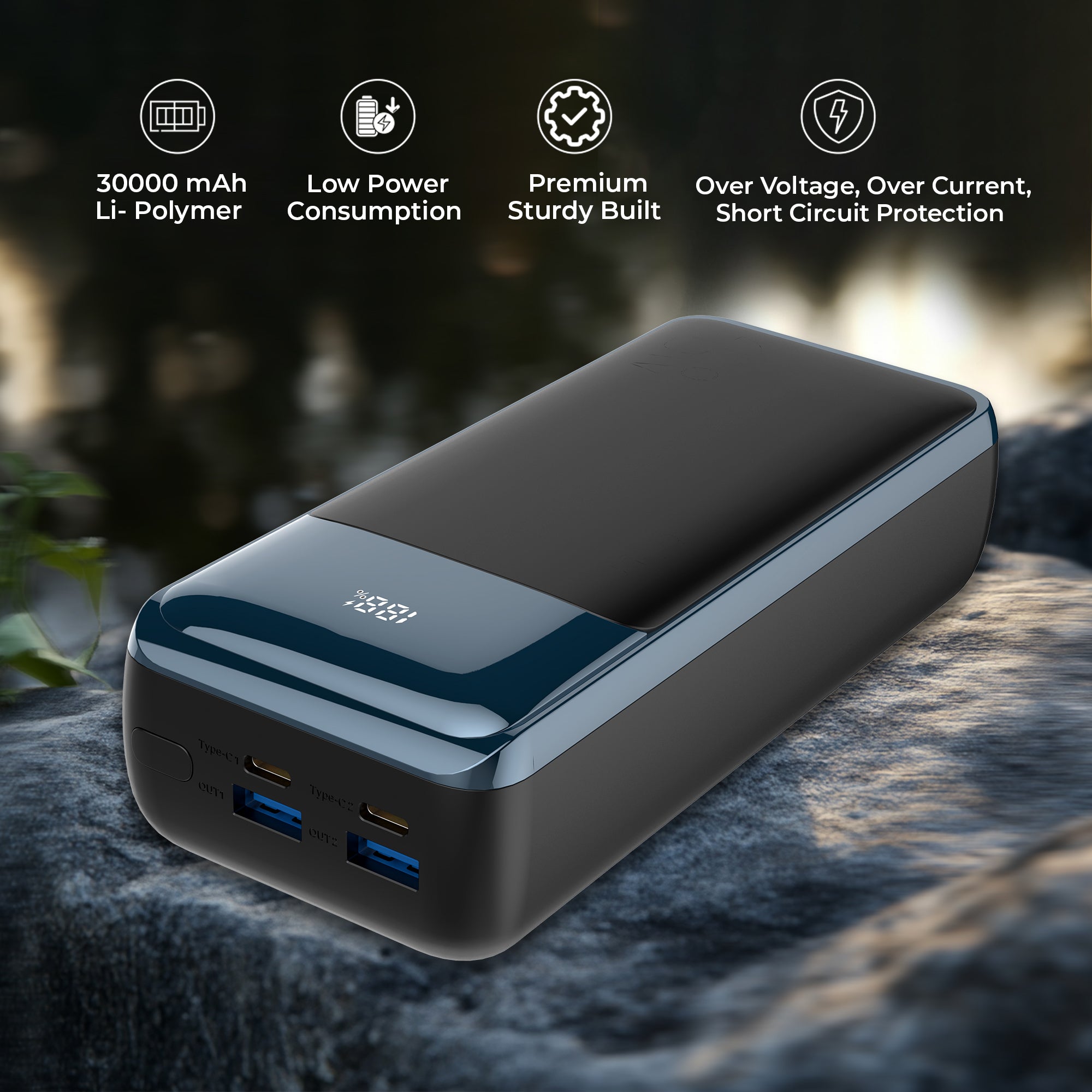 GIZMORE PD65KP Rapid Charge 30000mAh Power Bank – 4 Power Output PORT, 65W PD Type C, 18W USB Fast Charging, supports laptop charging, Premium Build, – Metallic Crome Finish, with digital display, Low Power Consumption.