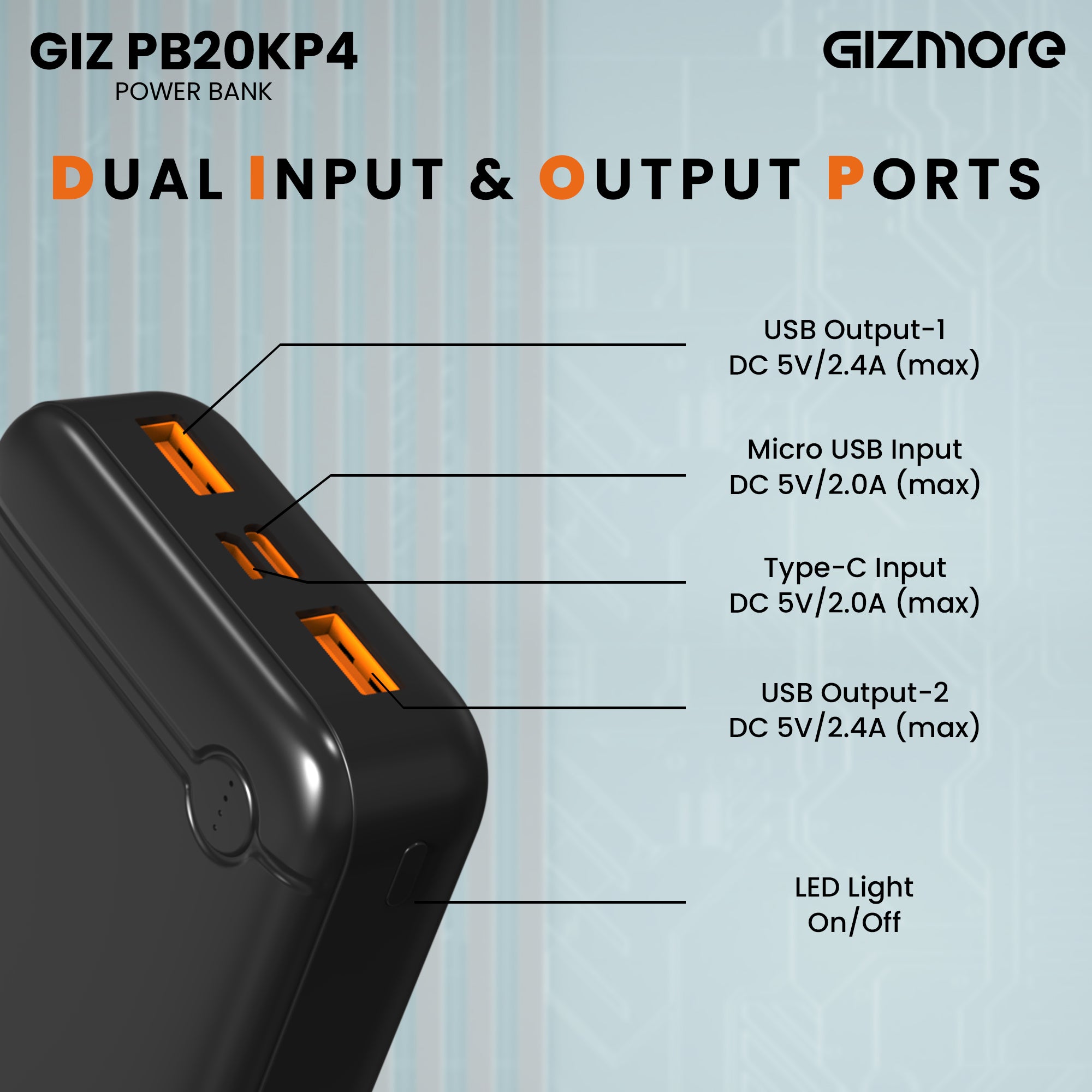 GIZMORE PB20KP4 20000mAh 12W Power Bank With Fast Charging | Dual Output Ports | Dual Input Ports | LED Indicator| Lithium Polymer Power Bank for Mobiles, Tablets and Digital Camera (Black)