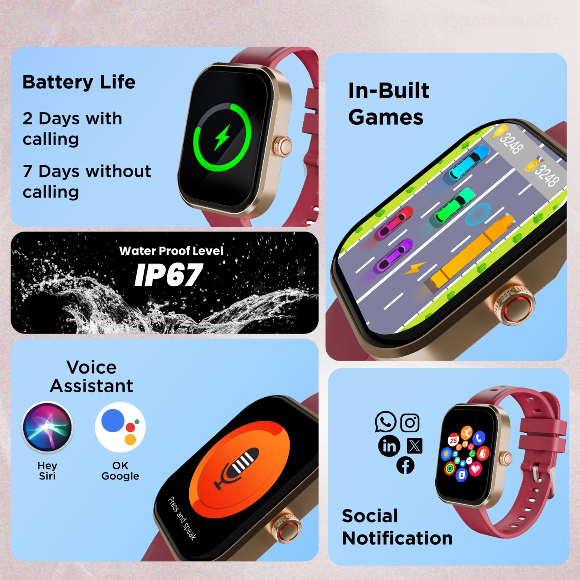GIZFIT 981 Pulse Smartwatch | 2.02” IPS Display | Bluetooth Calling | Rotating Crown | Metal Body | Customizable Watch Faces | Multi-Sports Modes | Step Tracker | Social Notifications (Black/burgundy)