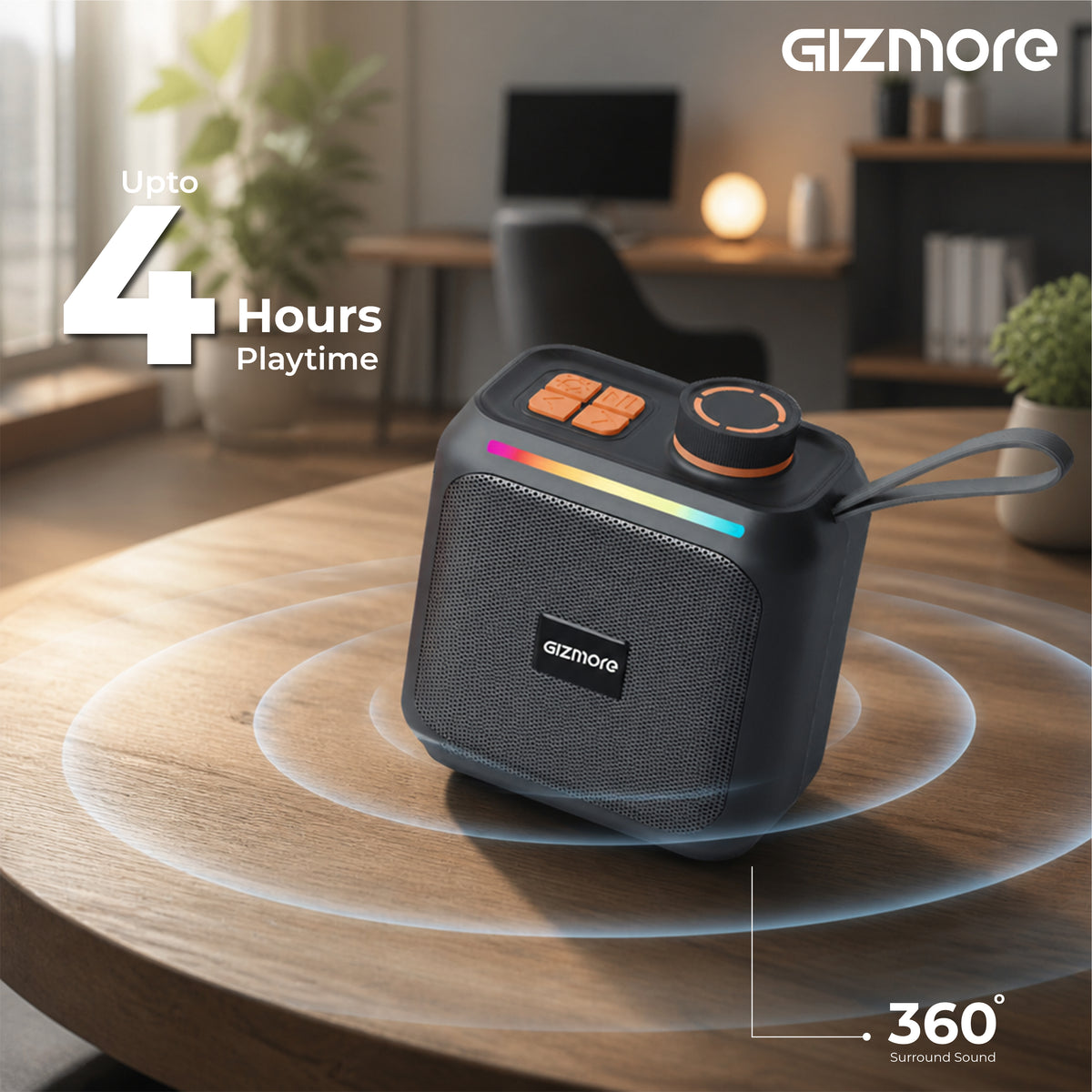 GIZMORE BeatPod 8W Bluetooth Speaker with Rubber Finish, Silicone Loop, TWS Pairing, Multiple Connectivity Options, Up to 4 Hours Playtime, Portable Design