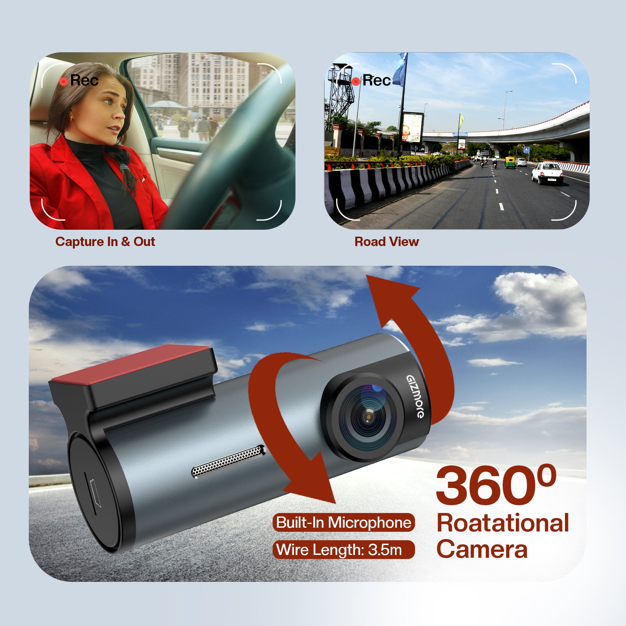Gizmore Auto Sight Wi-Fi Dash Camera – USB Plug & Play, 360° Rotatable Design, 2MP FHD 1080p Recording, Loop Recording, 145° Wide View, Super Night Vision, Wi-Fi Support with Carkuda App for Easy Viewing