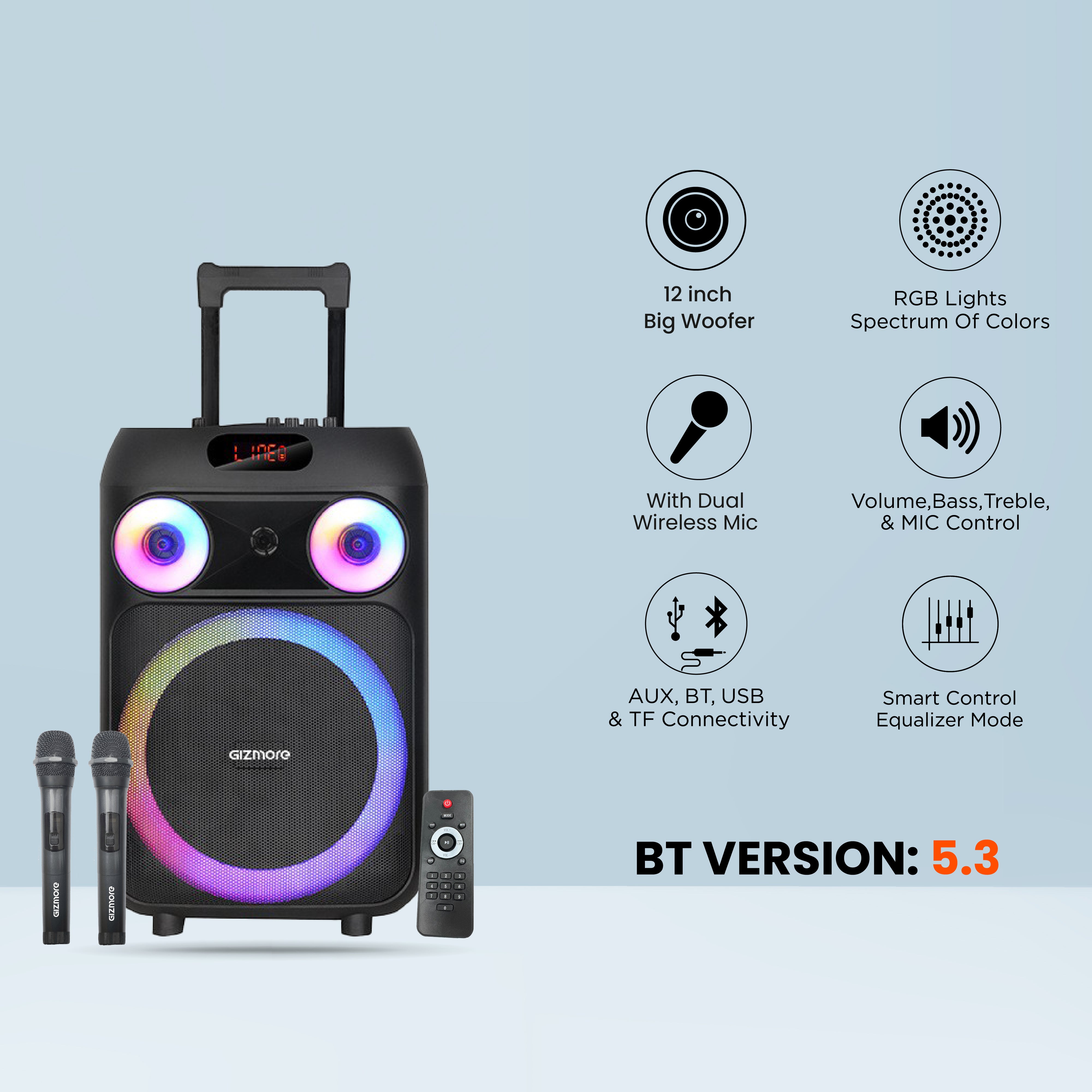 Gizmore T120 WHEELZ 120W RMS Party Speaker | Dual Wireless Mic | 12" Woofer | RGB Lights | Smart EQ | 3H Playtime | AUX/BT/USB/TF | Multi-Control Modes