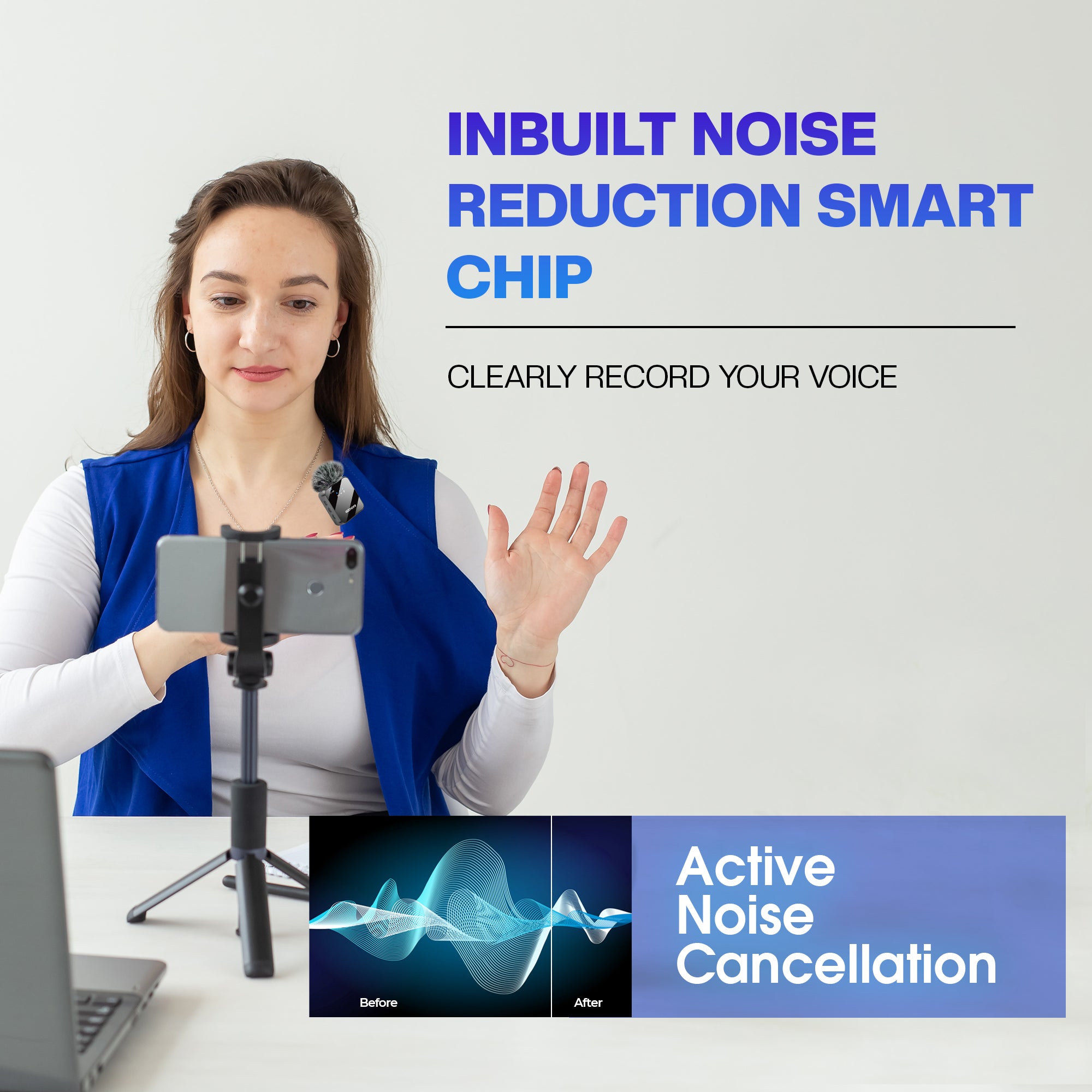 Gizmore Dual wireless mic with noise cancellation – Plug & Play, 30m Range, HD Sound Quality, Rechargeable Battery (Up to 15 Hours), Omnidirectional Pickup, Type-C Port/Lightning/3.5mm Jack, – Perfect for Live Shows, Interviews, Vlogs, & Short Videos