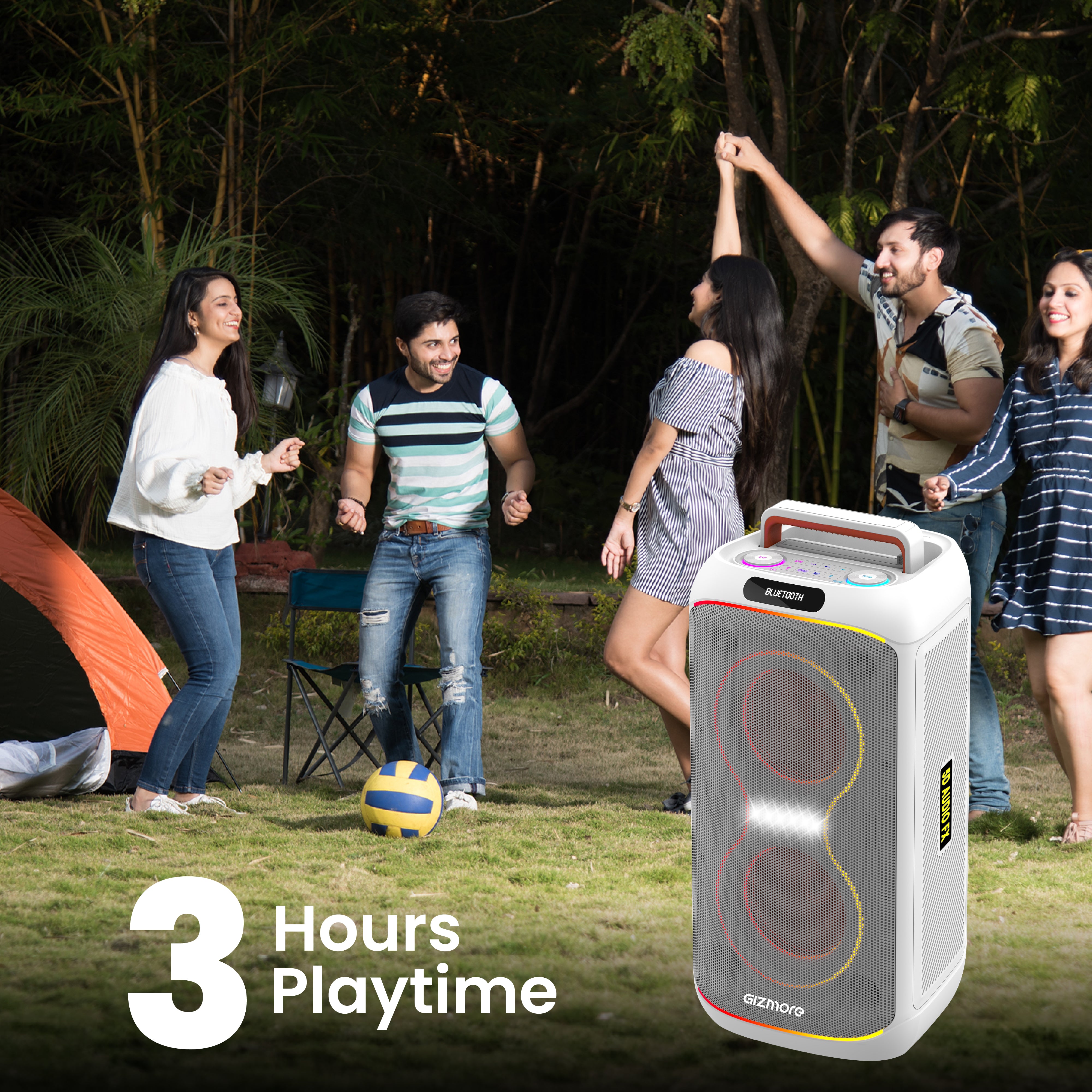 GIZMORE T320 CLUB 320W Thunder DJ Party Speaker with Dual Wireless Mic, RGB Lights, Type-C Charging, TWS Connectivity, Portable Bluetooth Speaker (White/Black)