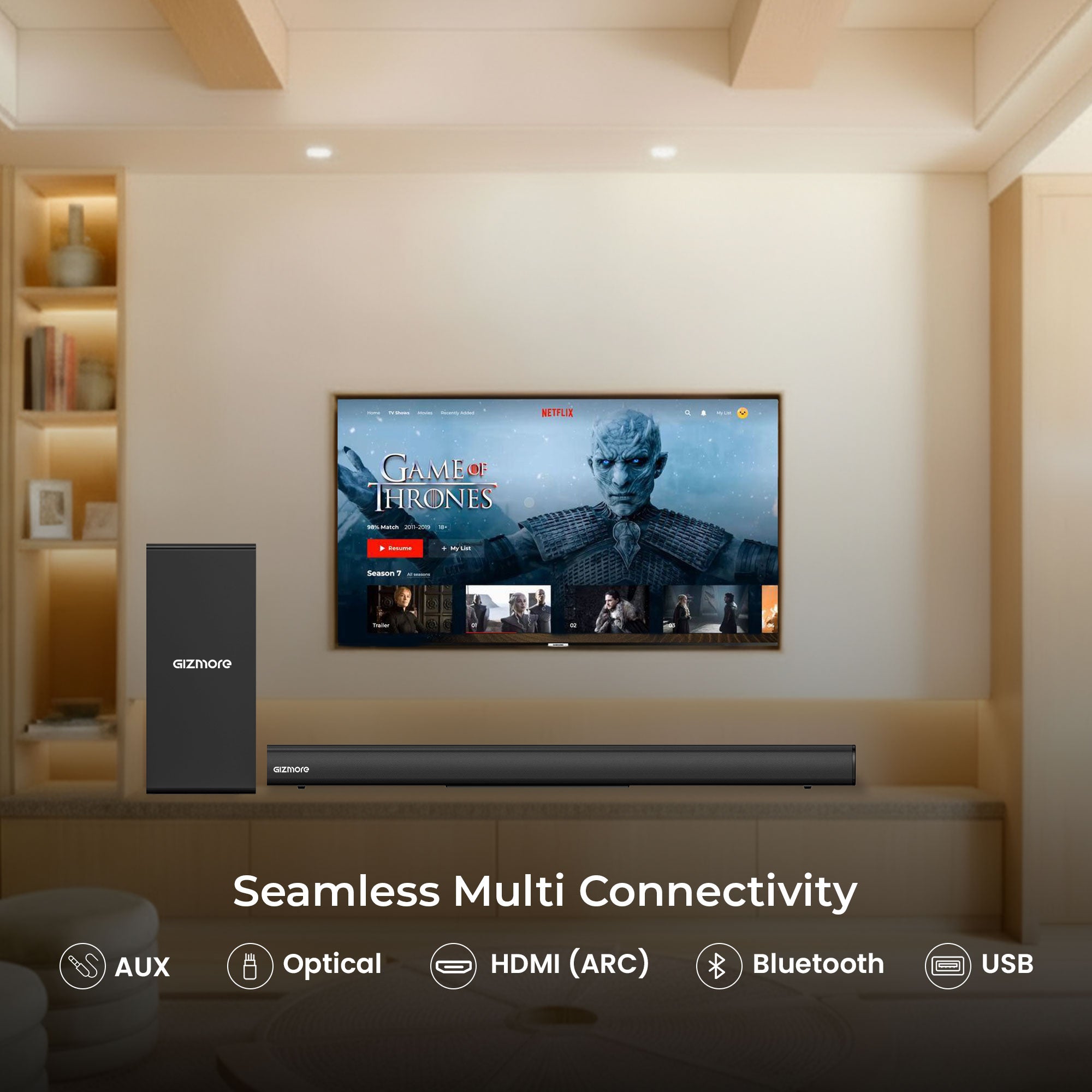 GIZMORE GIZBAR 280, 280W, 2.1 Channel Wired Soundbar with Subwoofer, HDMI(ARC), AUX, Optical, USB, Bluetooth, Slim Design, 3 EQ Modes, Surround Sound & Thunderous Bass.