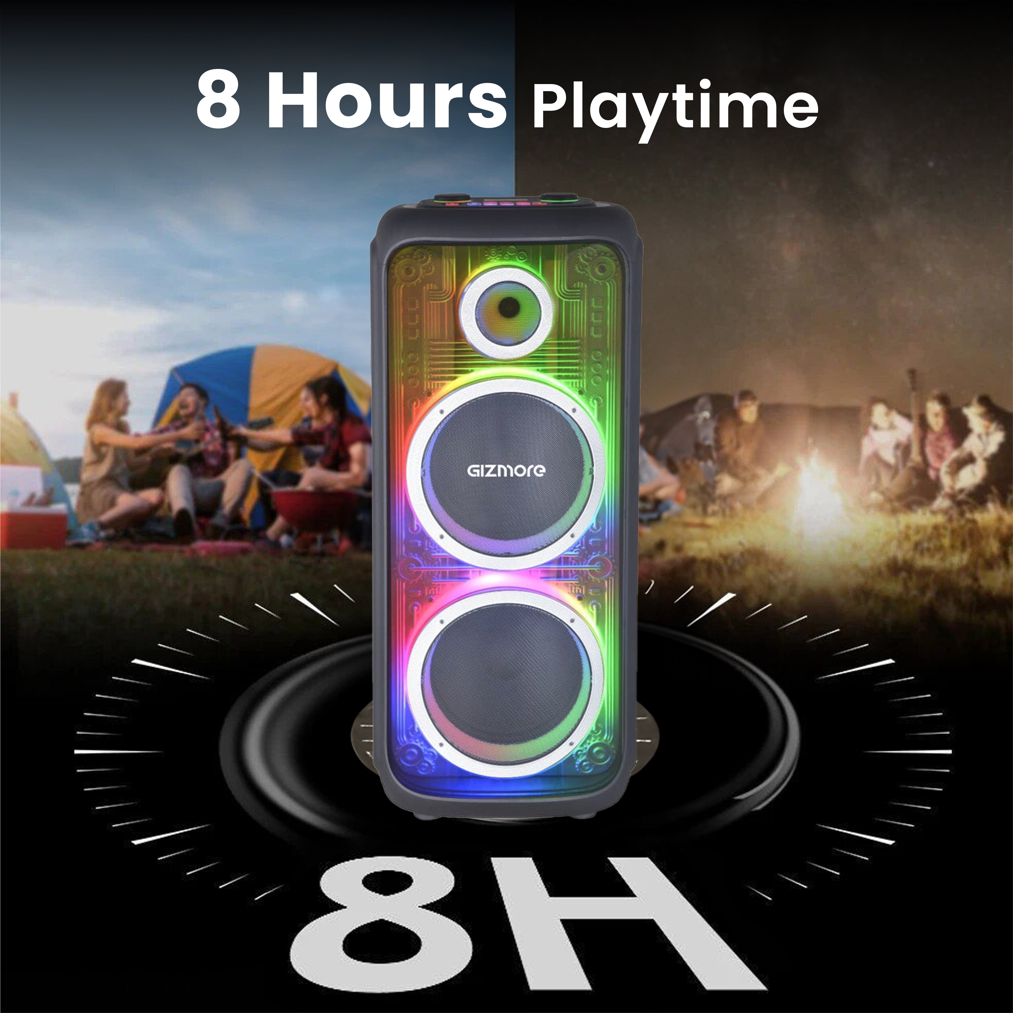 GIZMORE T440 MEGATRON 440W RMS Party Speaker with Dual Wireless Mics, RGB Spectrum Lights, Visible Acoustics, 8 Hours Playtime, TWS Function, Bluetooth/USB/AUX Connectivity
