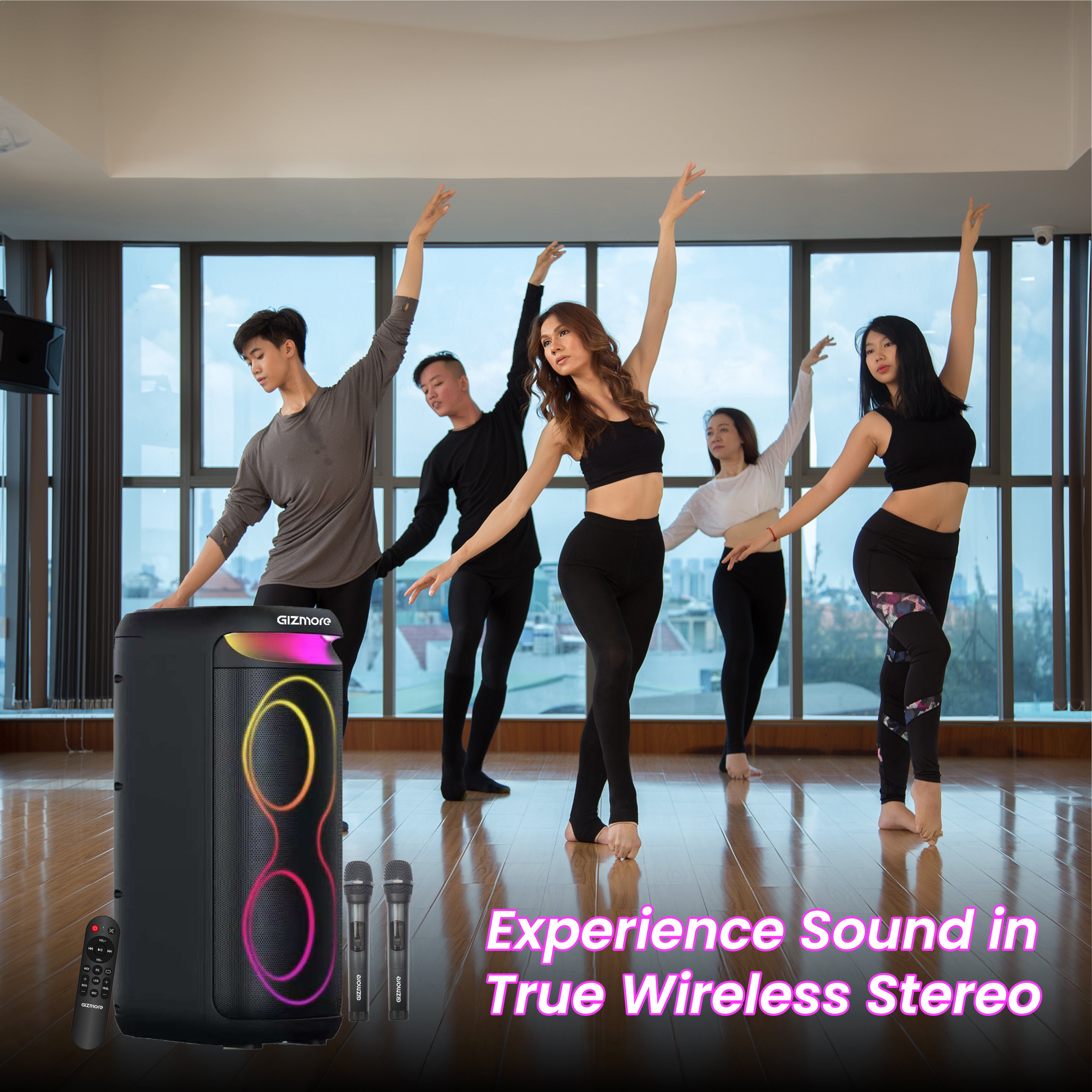 GIZMORE T180 Ultra 180W Bluetooth Party Speaker with Dual Wireless Mic, RGB Lights, 3-Hour Playtime, USB /AUX/TF Card Support, TWS, Remote Control