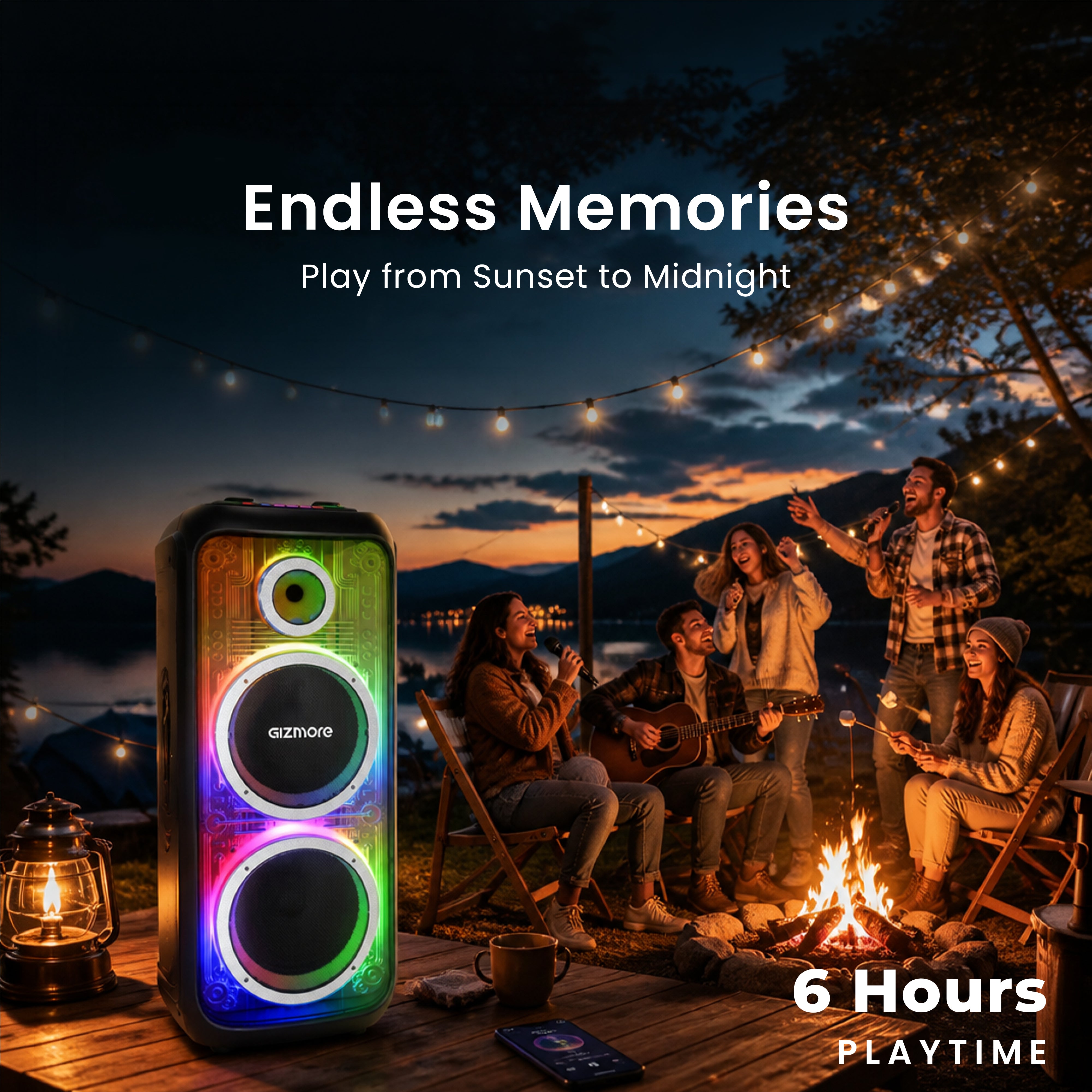 GIZMORE T400 MEGATRON 480W RMS Party Speaker with Dual Wireless Mics, RGB Spectrum Lights, Visible Acoustics, 8 Hours Playtime, TWS Function, Bluetooth/USB/AUX Connectivity