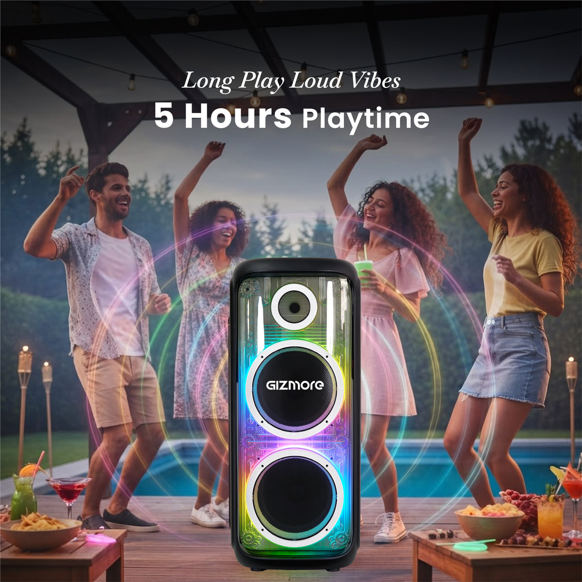 GIZMORE T220 MEGATRON 280W RMS Party Speaker with Dual Wireless Microphones, RGB Spectrum Lights, Visible Acoustic Design, Up to 5 Hours Playtime, TWS, Bluetooth, USB & AUX Connectivity