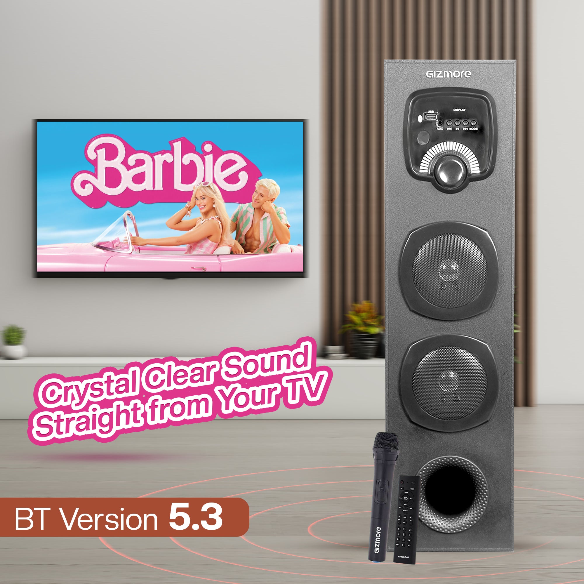 GIZMORE TALLBOY ST8000 80W Bluetooth Tower Speaker With UHF Wireless MIC & Wooden Cabinet, Big Subwoofer, Remote Controlled Display, RGB Glower Light -Support FM, Karaoke, AUX, USB