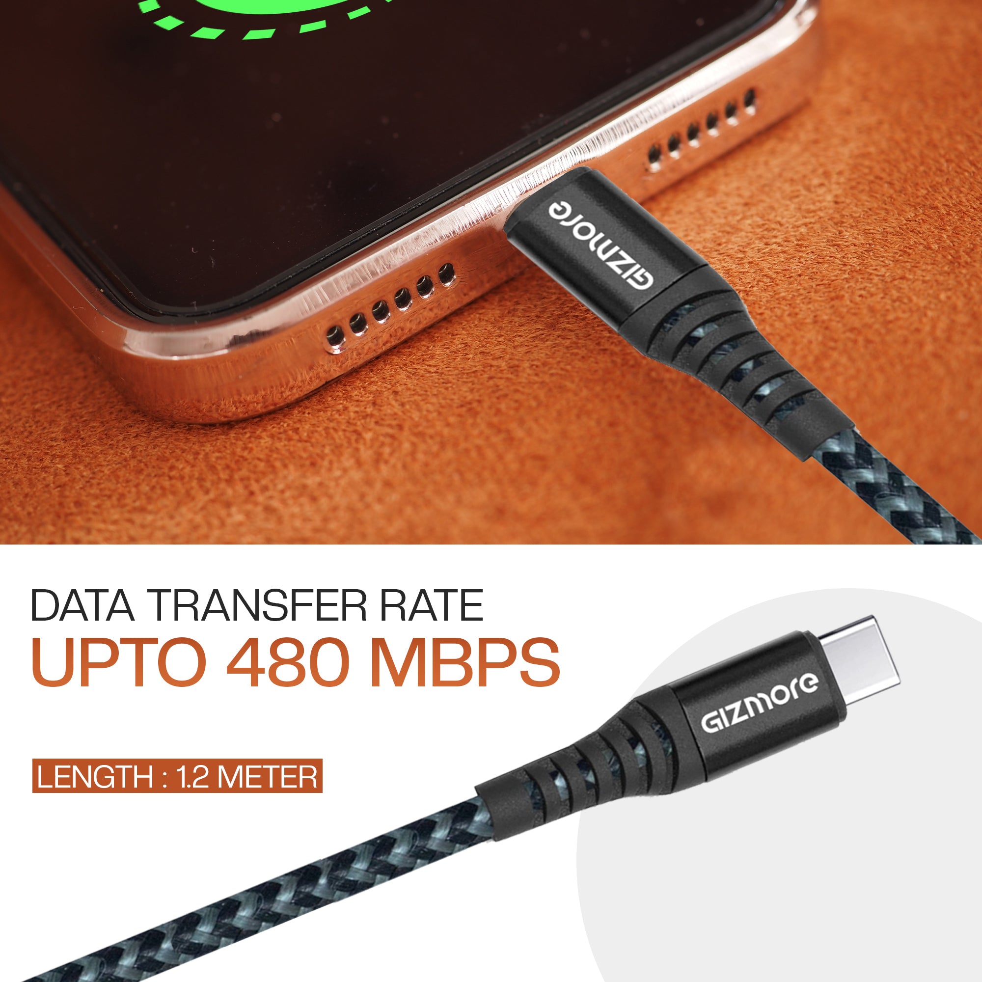 GIZMORE WDC120 USB to Type-C dash Ultra Fast Charging Cable – 1.2 Meter, 120W Output, Tangle-Free Braided Wire, 30000+ Bend Lifespan, Intelligent Protection, Stable Charging, Universal Compatibility
