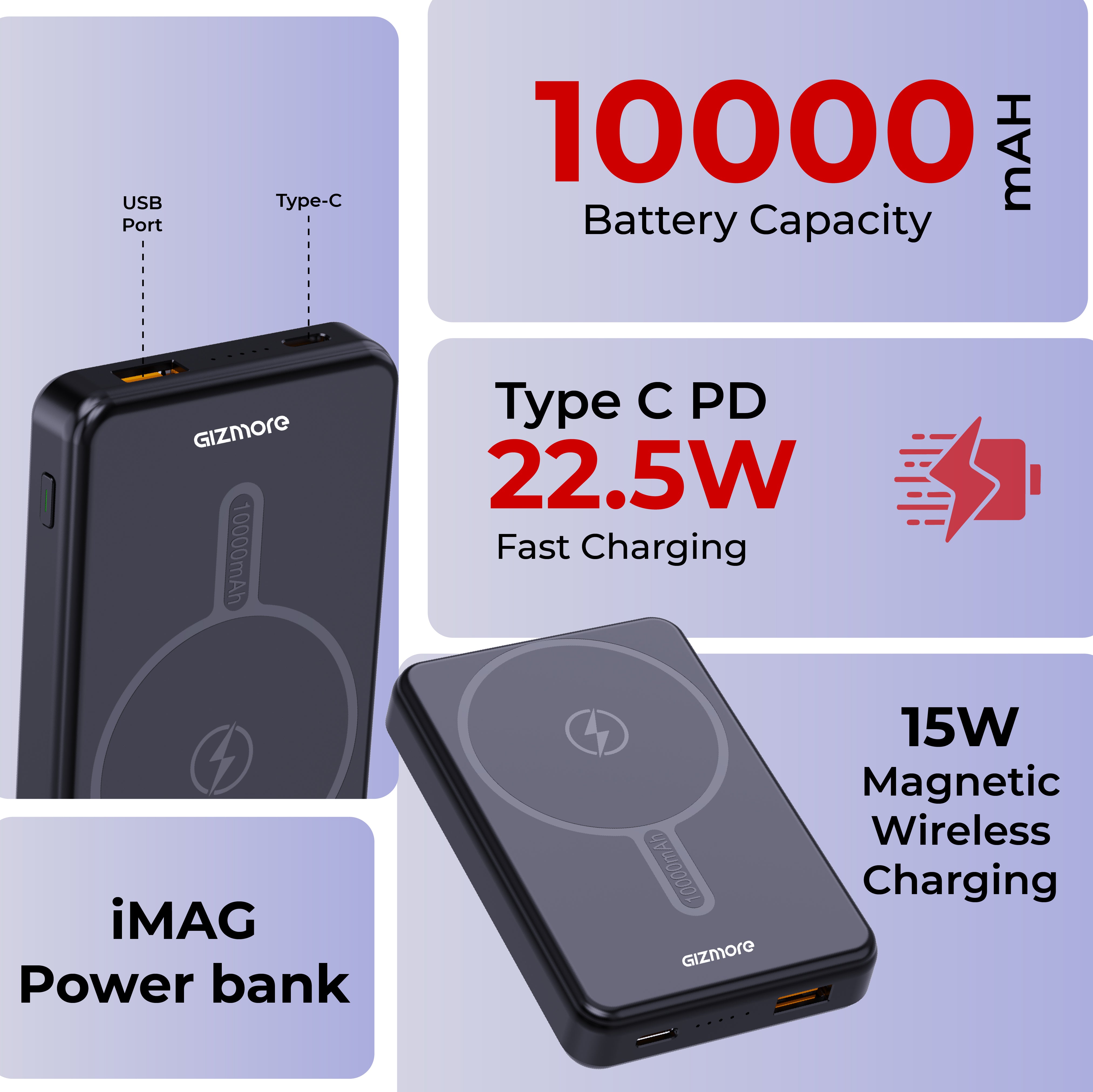 GIZ PD10K43, 10000mAh Wireless MagSafe Power Bank, 15W Fast Wireless Charging, 22.5W Type-C Output, Slim Portable Design, with LED Indicators