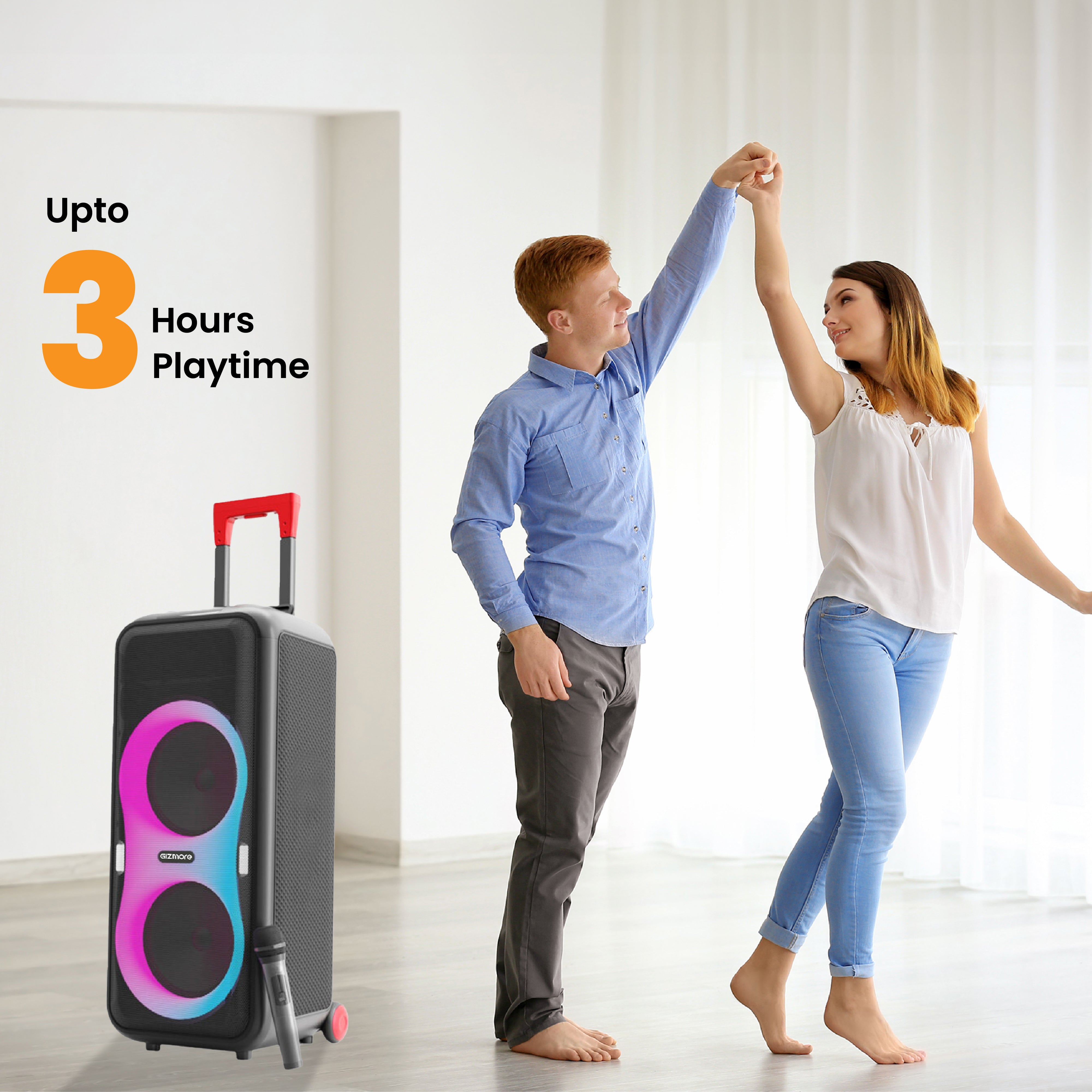 Gizmore T220 Pro 220W RMS Thunder DJ Party Speaker | Wireless Mic | RGB Lights | Smart EQ | 3H Playtime | AUX/BT/USB/TF | Wired Mic Support | 8inchx2 big woofer