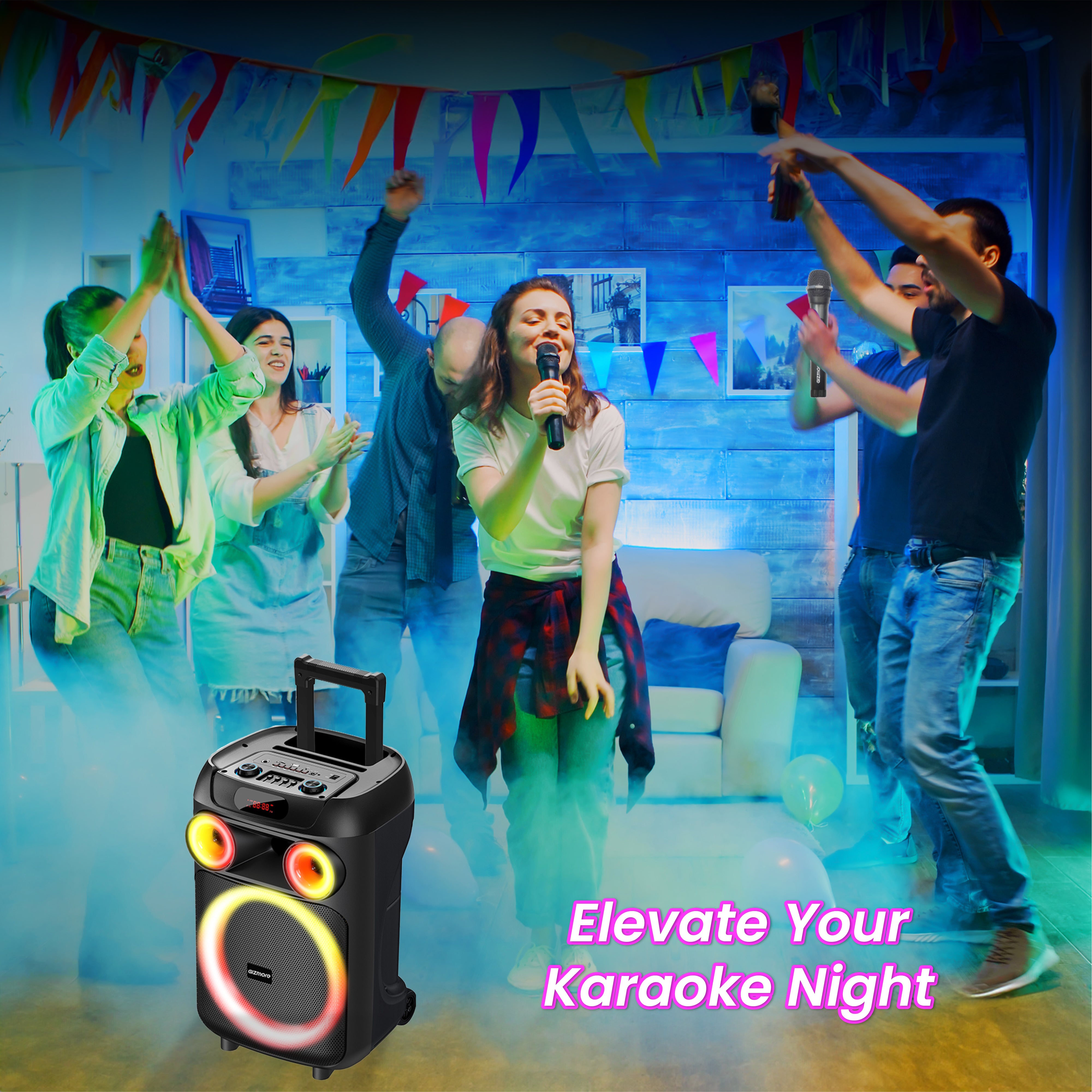 Gizmore T120 WHEELZ 120W RMS Party Speaker | Dual Wireless Mic | 12" Woofer | RGB Lights | Smart EQ | 3H Playtime | AUX/BT/USB/TF | Multi-Control Modes