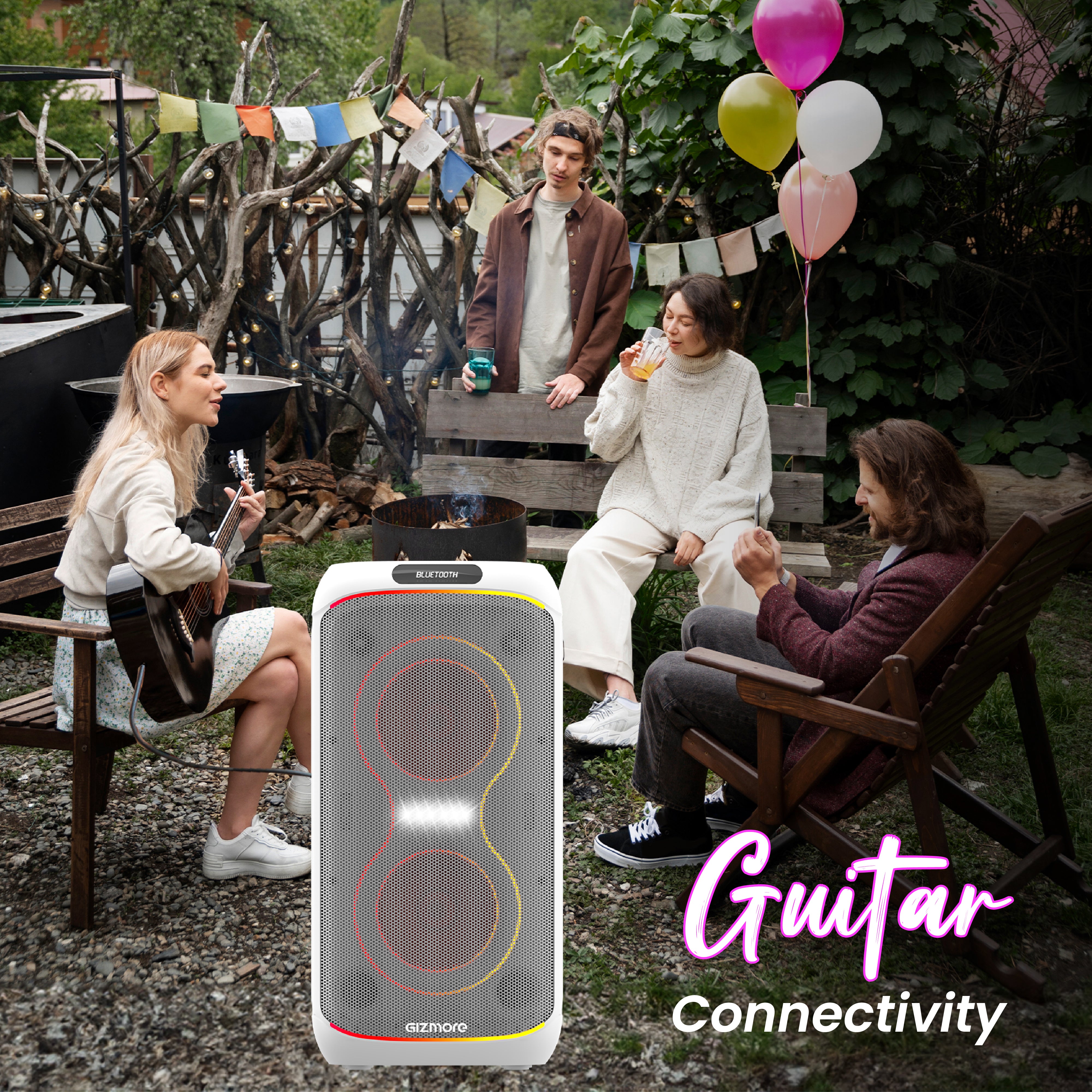 GIZMORE T320 CLUB 320W Thunder DJ Party Speaker with Dual Wireless Mic, RGB Lights, Type-C Charging, TWS Connectivity, Portable Bluetooth Speaker (White/Black)
