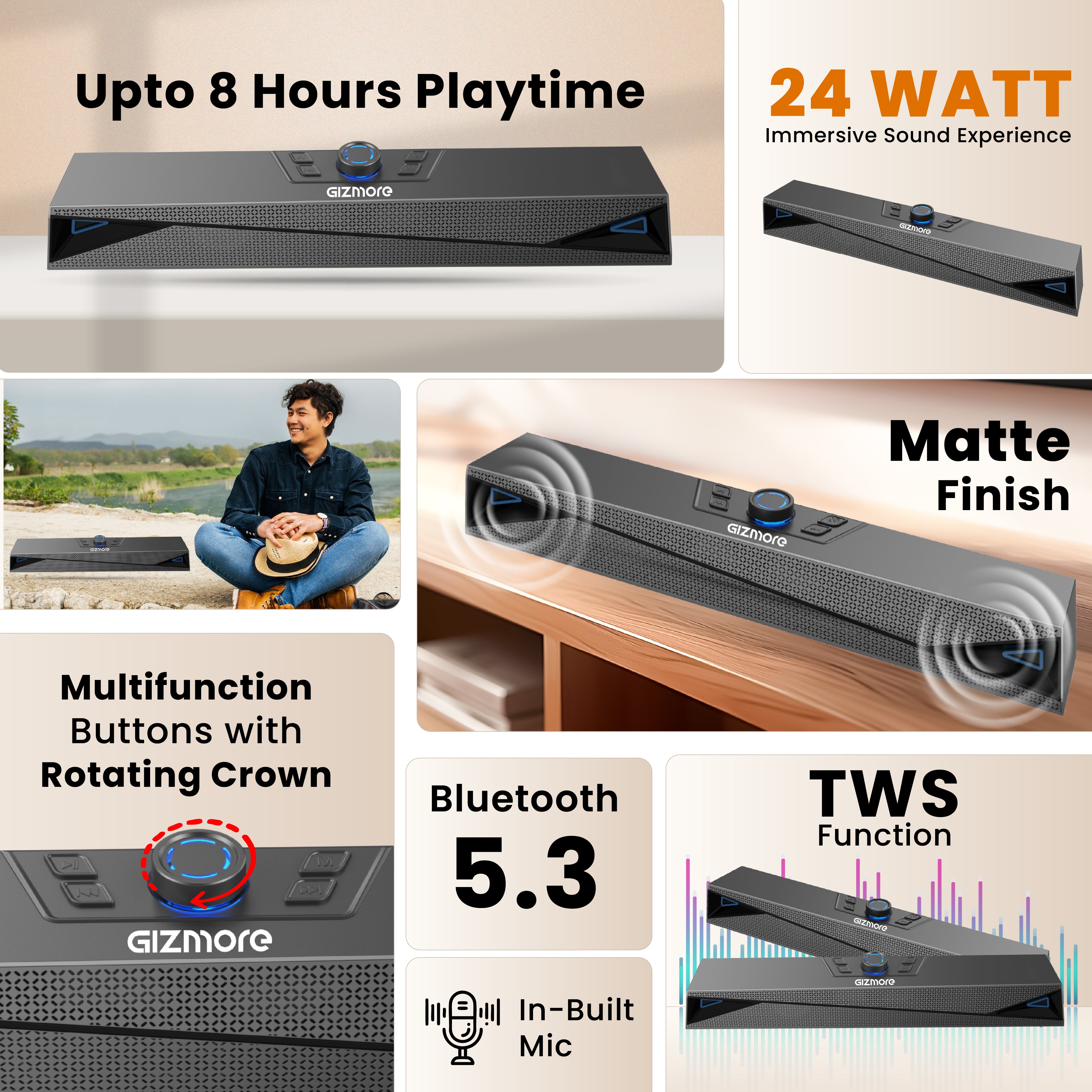 GIZMORE GIZBAR 2400 – 24W Bluetooth Soundbar with Immersive Sound, Rotating Crown Multifunction Button, TWS, Matte Finish, Up to 8 Hours Playtime