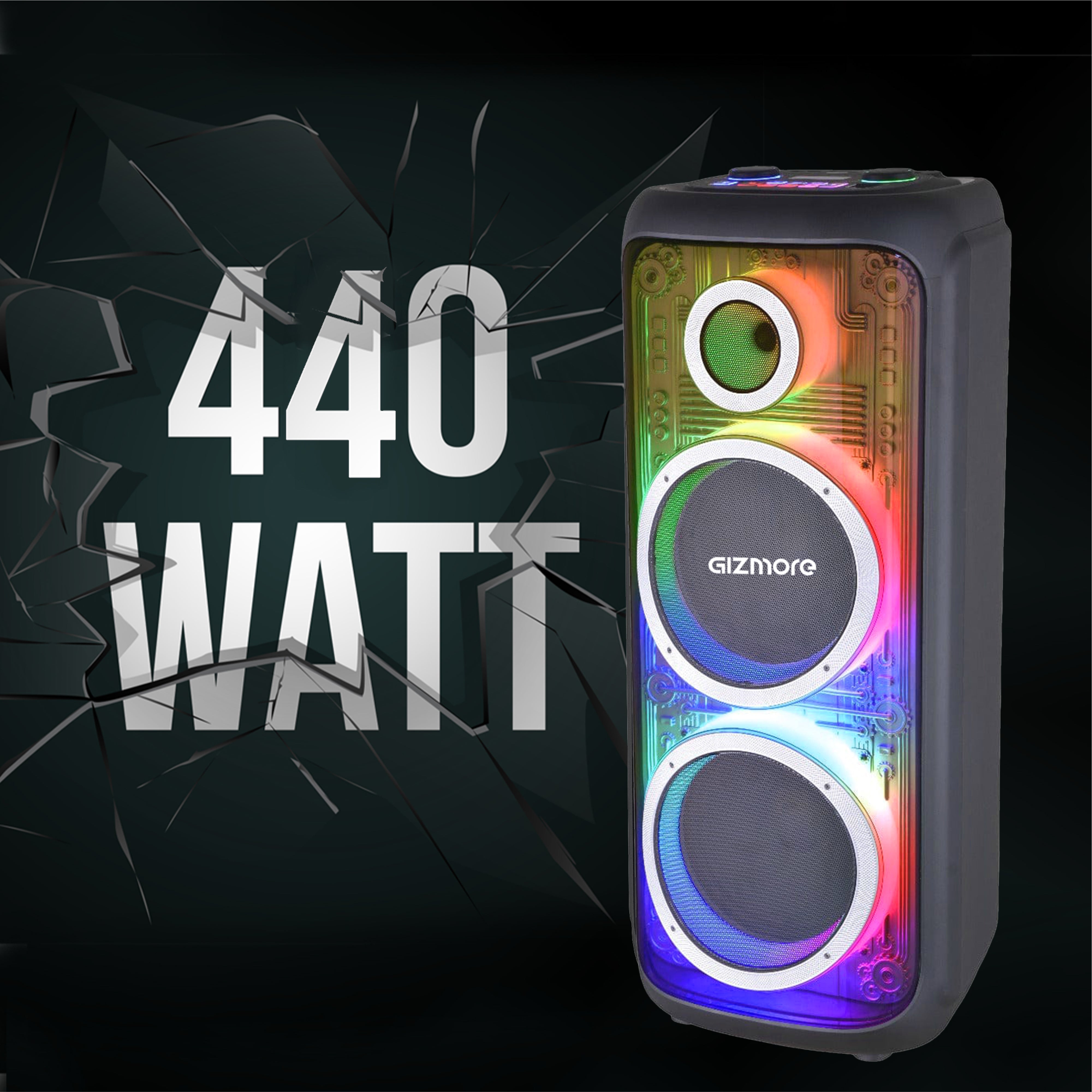 GIZMORE T440 MEGATRON 440W RMS Party Speaker with Dual Wireless Mics, RGB Spectrum Lights, Visible Acoustics, 8 Hours Playtime, TWS Function, Bluetooth/USB/AUX Connectivity