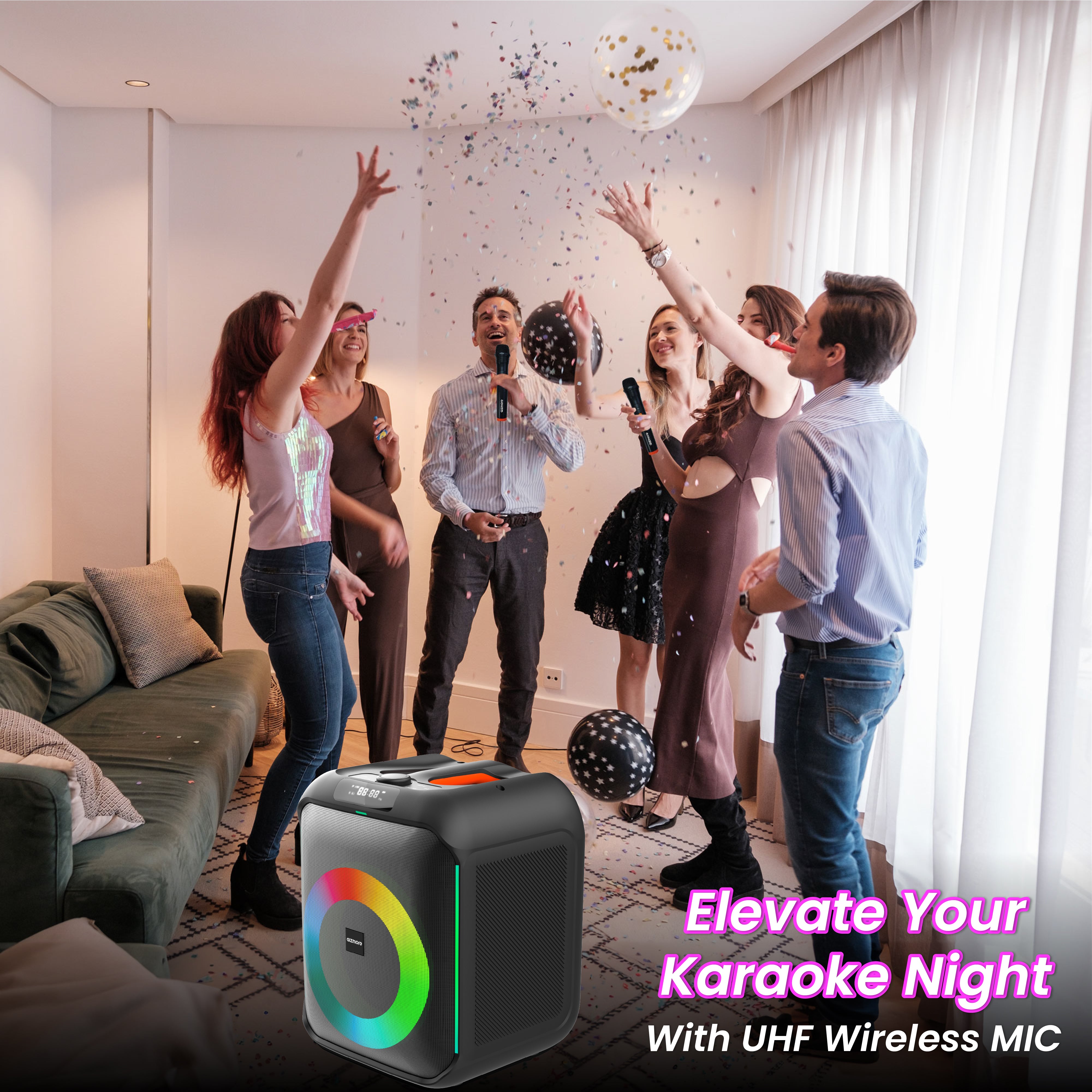 Gizmore T120 Thunder Bolt Party Speaker | 8 Hours Playtime | UHF Wireless Mic | TWS Function | RGB Lights | AUX/BT/USB/TF | Powerful Bass | Multi-Function Control