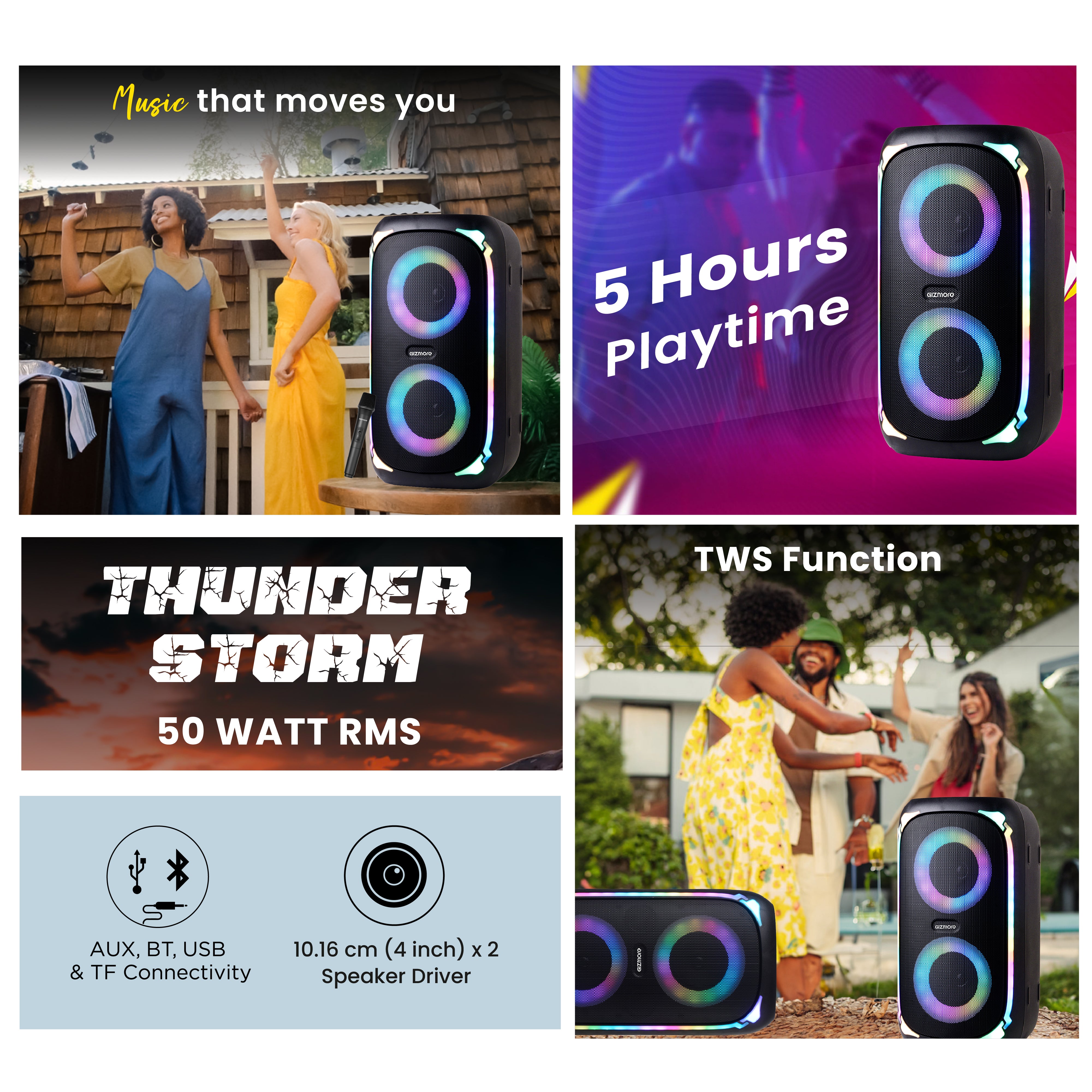 GIZ T100 Thunder Storm Bluetooth Speaker 50W, 4x2 Inch Drivers, Wireless Mic, RGB Lights, TWS Pairing, Multi Connectivity (BT/USB/AUX/TF), LED Display – Powerful Bass Party Speaker