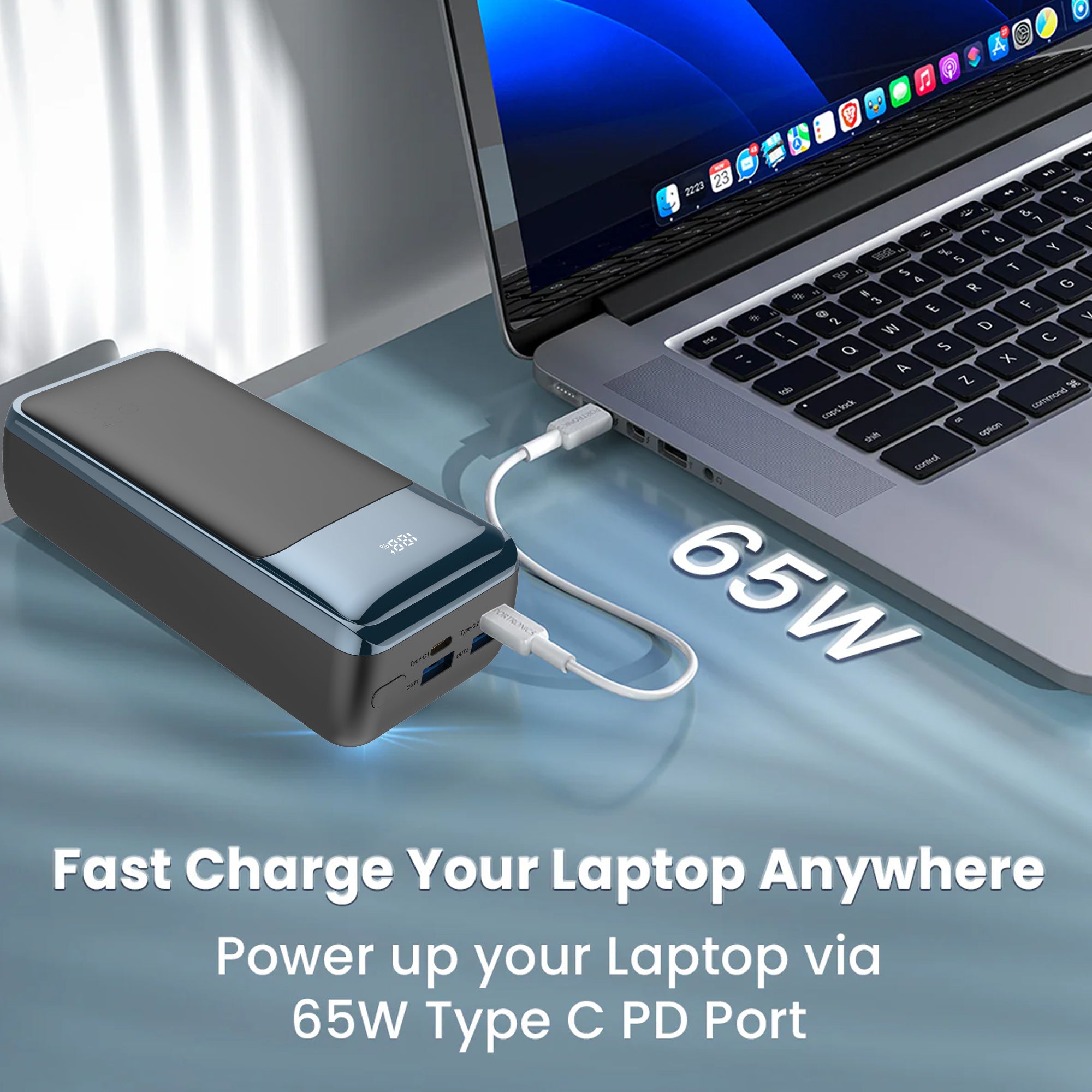 GIZMORE PD65KP Rapid Charge 30000mAh Power Bank – 4 Power Output PORT, 65W PD Type C, 18W USB Fast Charging, supports laptop charging, Premium Build, – Metallic Crome Finish, with digital display, Low Power Consumption.