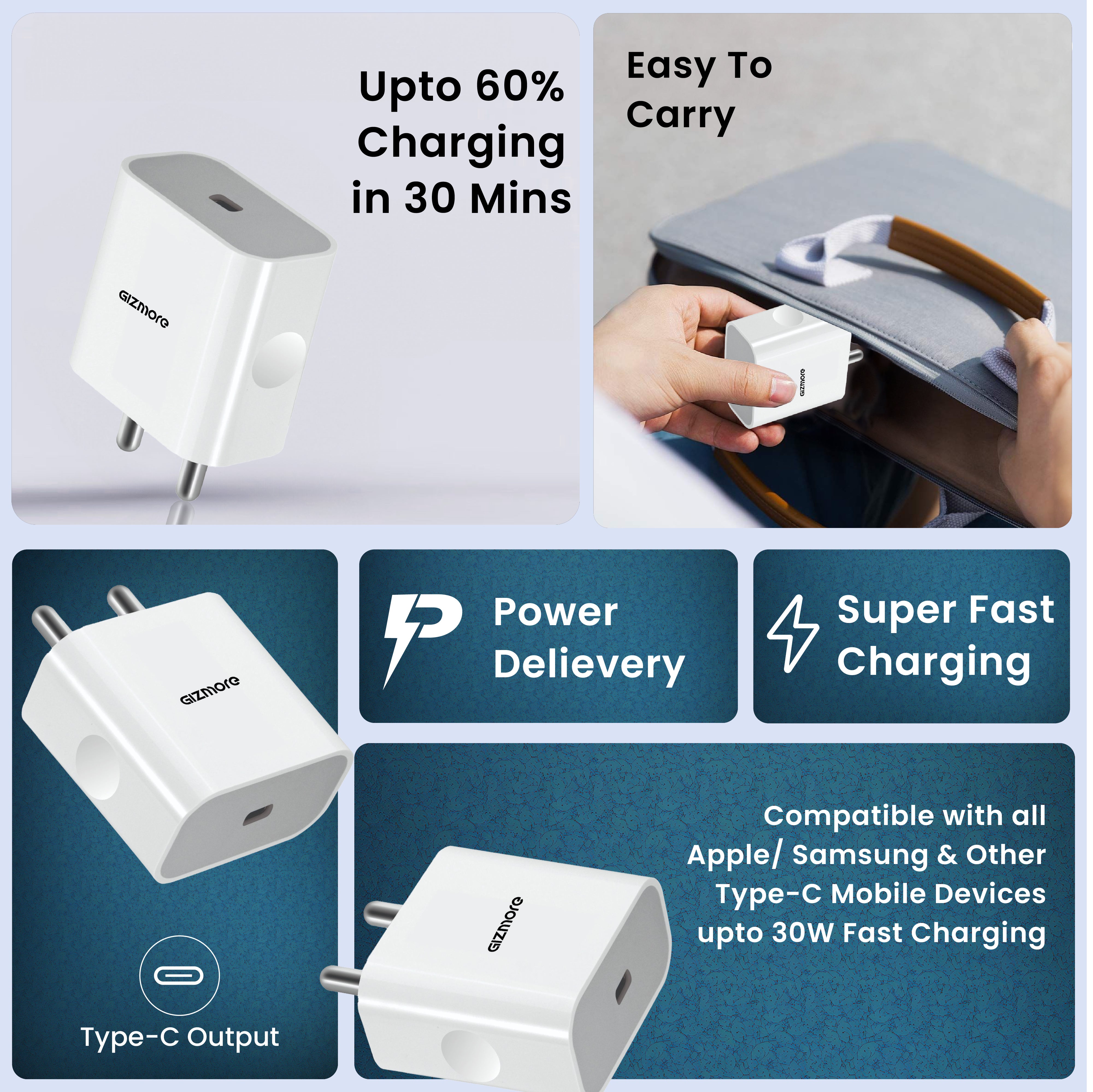 GIZMORE GIZ PA35 30W PD Fast Charger with Type-C to Type-C Cable | USB-C Wall Charger | Compact & Lightweight Design | Multi-Layer Protection | ABS + PC Housing | Compatible with USB-C Devices