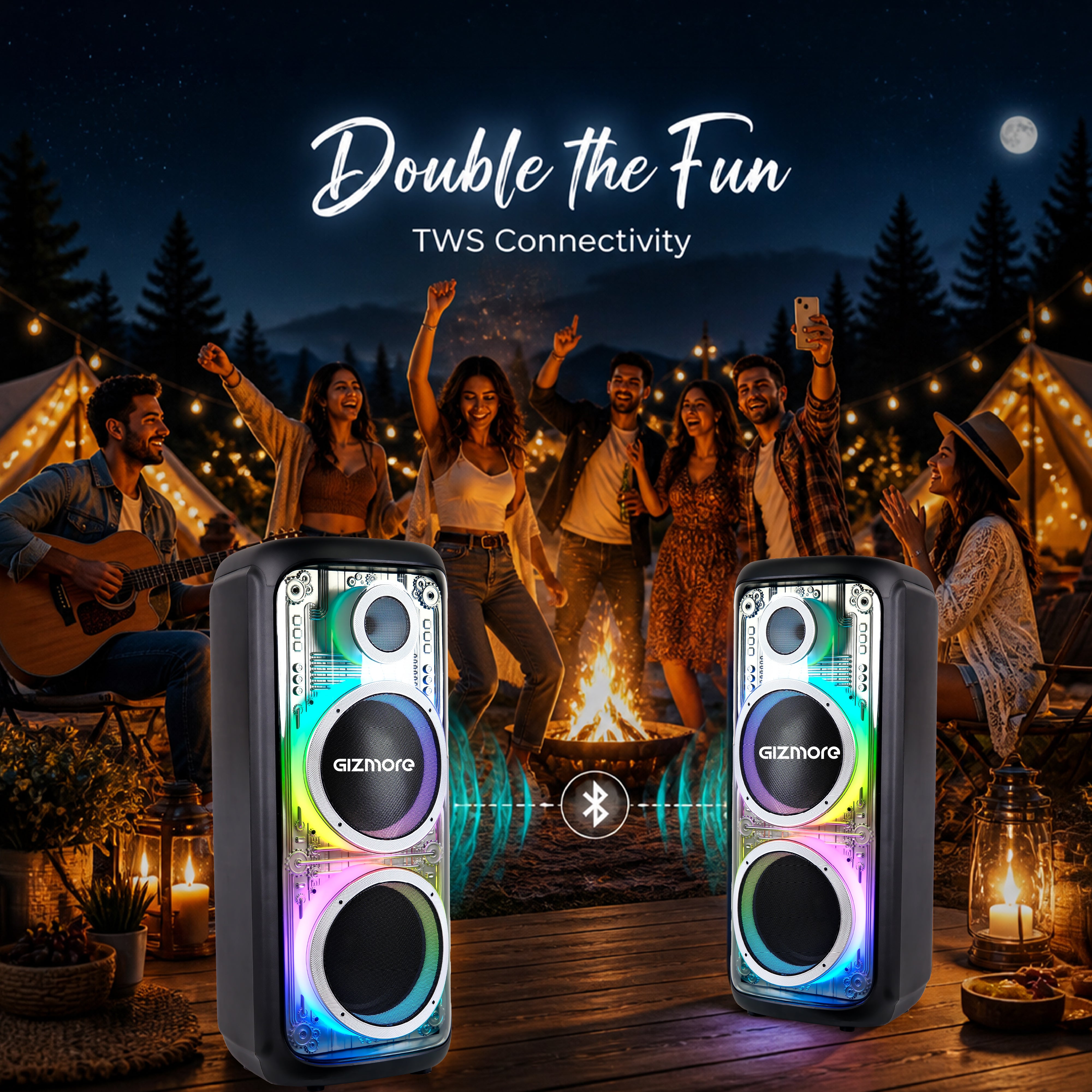 GIZMORE T400 MEGATRON 480W RMS Party Speaker with Dual Wireless Mics, RGB Spectrum Lights, Visible Acoustics, 8 Hours Playtime, TWS Function, Bluetooth/USB/AUX Connectivity