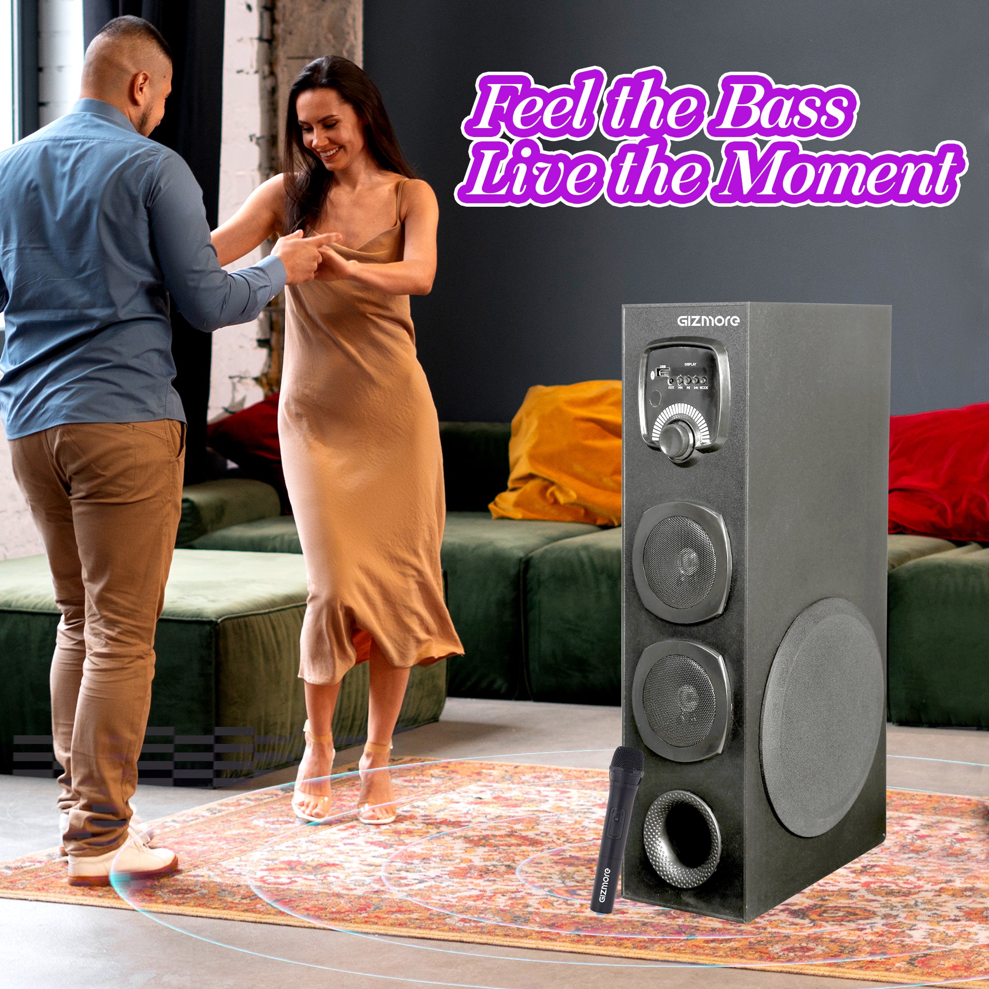 GIZMORE TALLBOY ST8000 80W Bluetooth Tower Speaker With UHF Wireless MIC & Wooden Cabinet, Big Subwoofer, Remote Controlled Display, RGB Glower Light -Support FM, Karaoke, AUX, USB