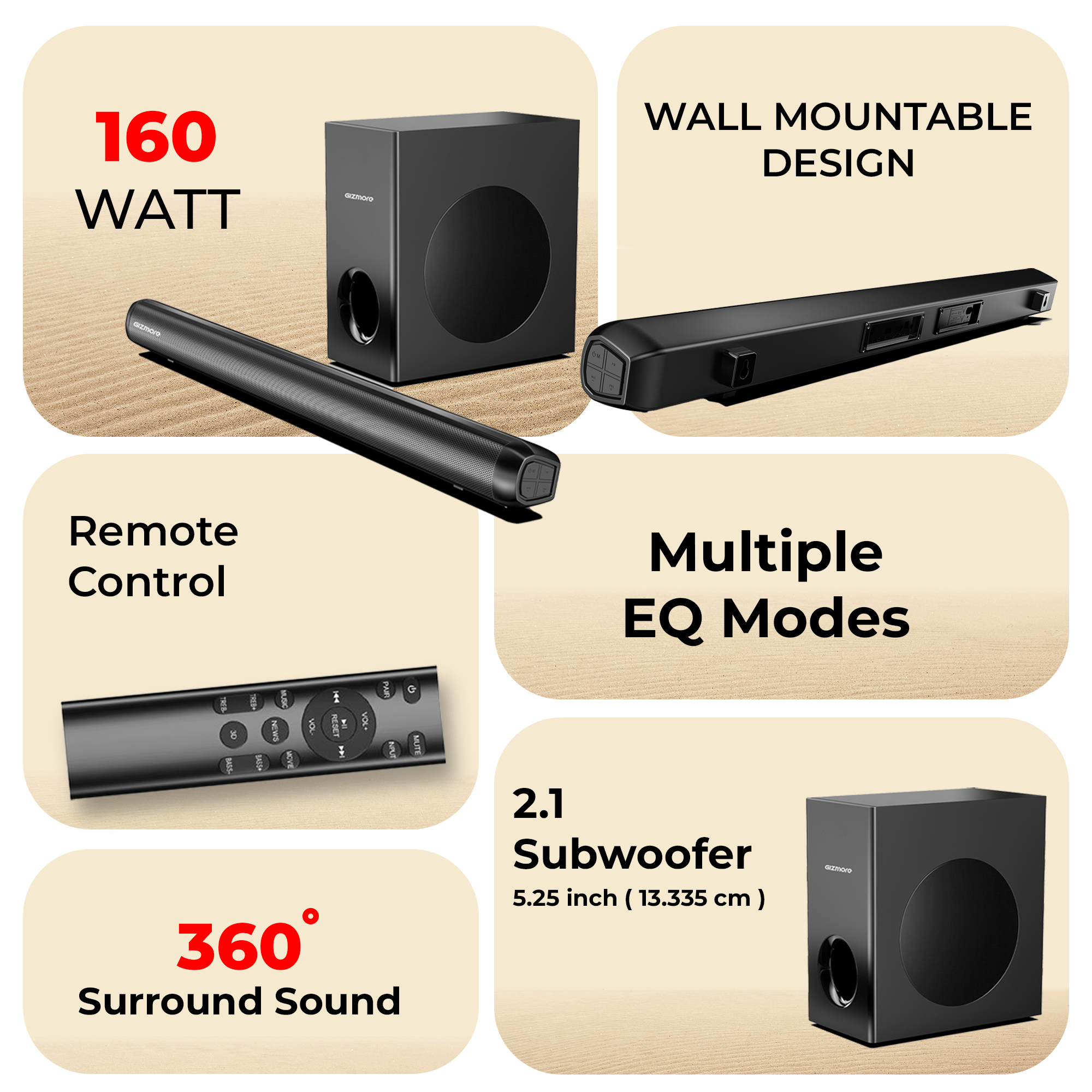 GIZBAR 160 – 2.1 Channel Soundbar with 160W Powerful Output | Multiple connectivity- HDMI ARC, AUX, USB, Optical | Remote Control | Multiple EQ Modes (Music, Movies, News, 3D) |360 degree surround sound |Theater experience at home.