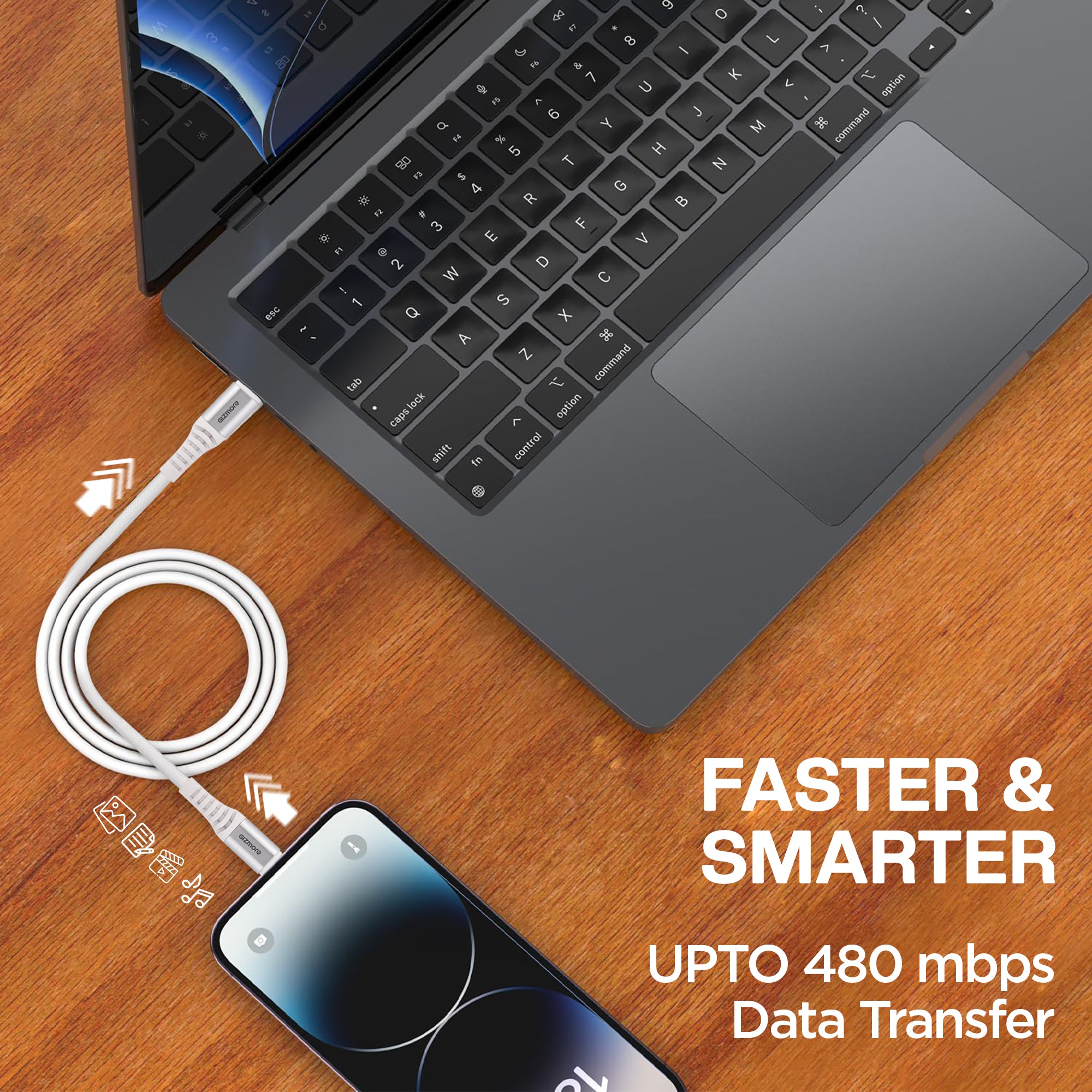 Gizmore WCL157 27W TYPE-C TO LIGHTNING Fast Charging Cable - Premium Nylon Braided, 10000+ Bend Test, 480 Mbps Data Transfer Speed Compatible with All Lightning Enabled Devices.
