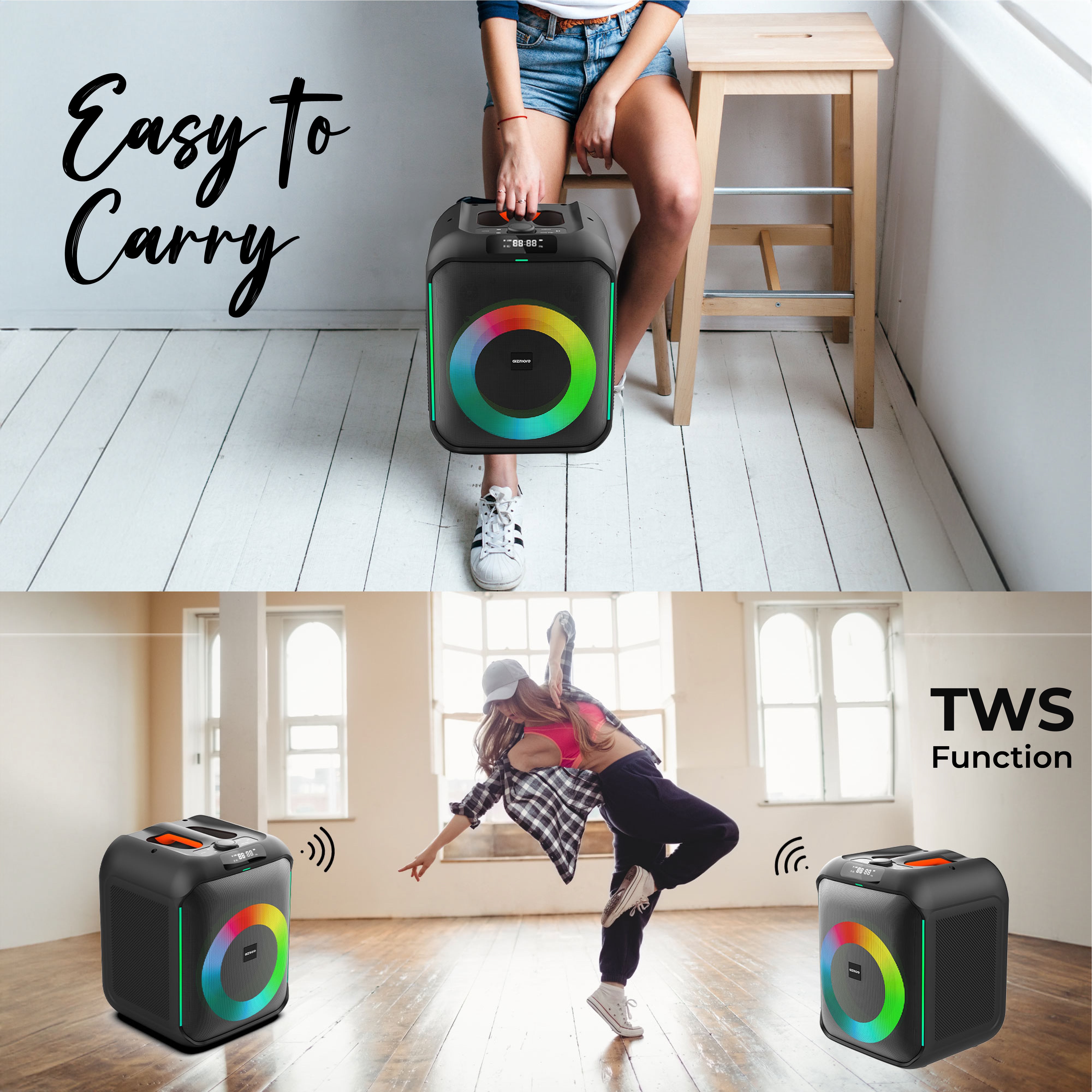 Gizmore T120 Thunder Bolt Party Speaker | 8 Hours Playtime | UHF Wireless Mic | TWS Function | RGB Lights | AUX/BT/USB/TF | Powerful Bass | Multi-Function Control