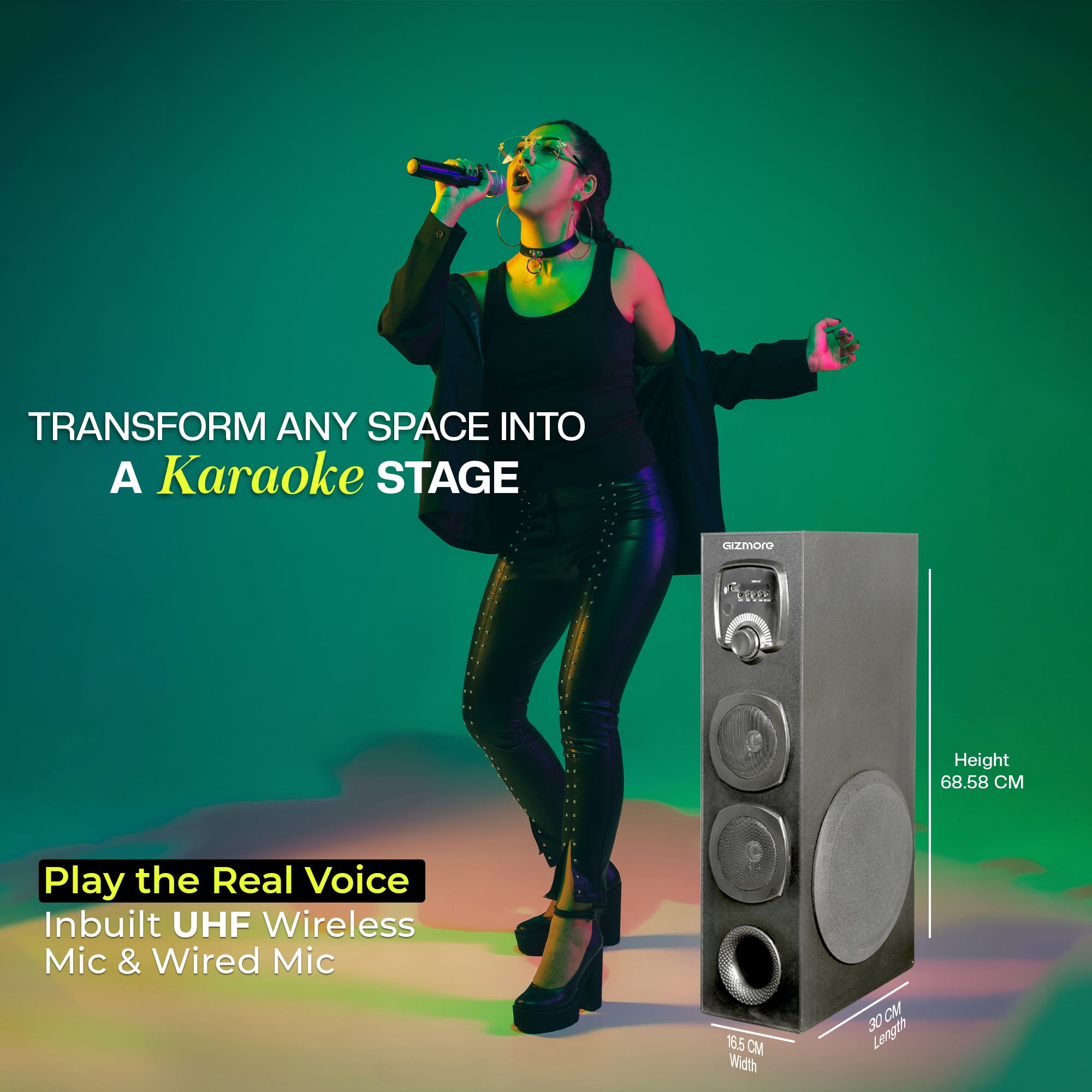 GIZMORE TALLBOY ST8000 80W Bluetooth Tower Speaker With UHF Wireless MIC & Wooden Cabinet, Big Subwoofer, Remote Controlled Display, RGB Glower Light -Support FM, Karaoke, AUX, USB