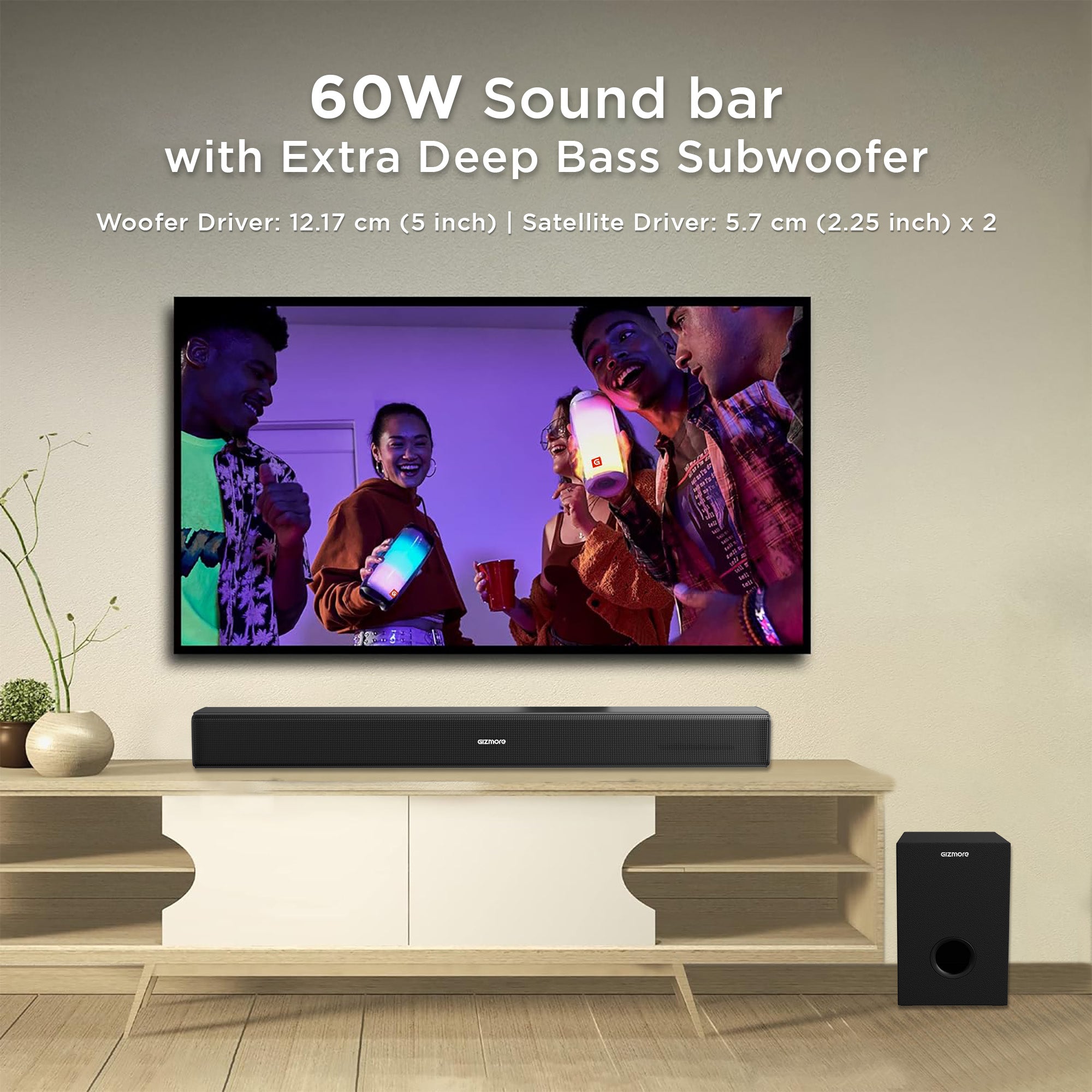 GIZMORE BAR6000 60W RMS Wired Soundbar with 360 Degree Surround Sound & Extra Deep Bass Subwoofer| Wall Mounted | Multi Connectivity & Remote Control connect with Mobile TV/PC and Projector
